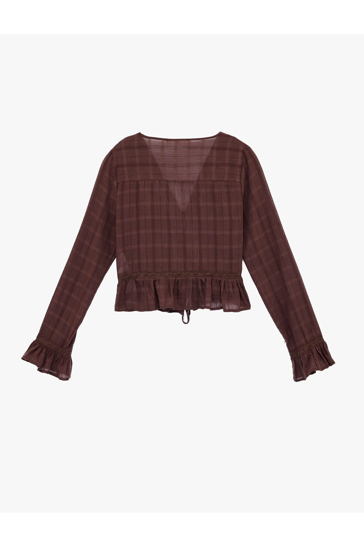Düğmeli Bağlama Detaylı V Yaka Kahverengi Kadın Bluz 6WAL60044IW