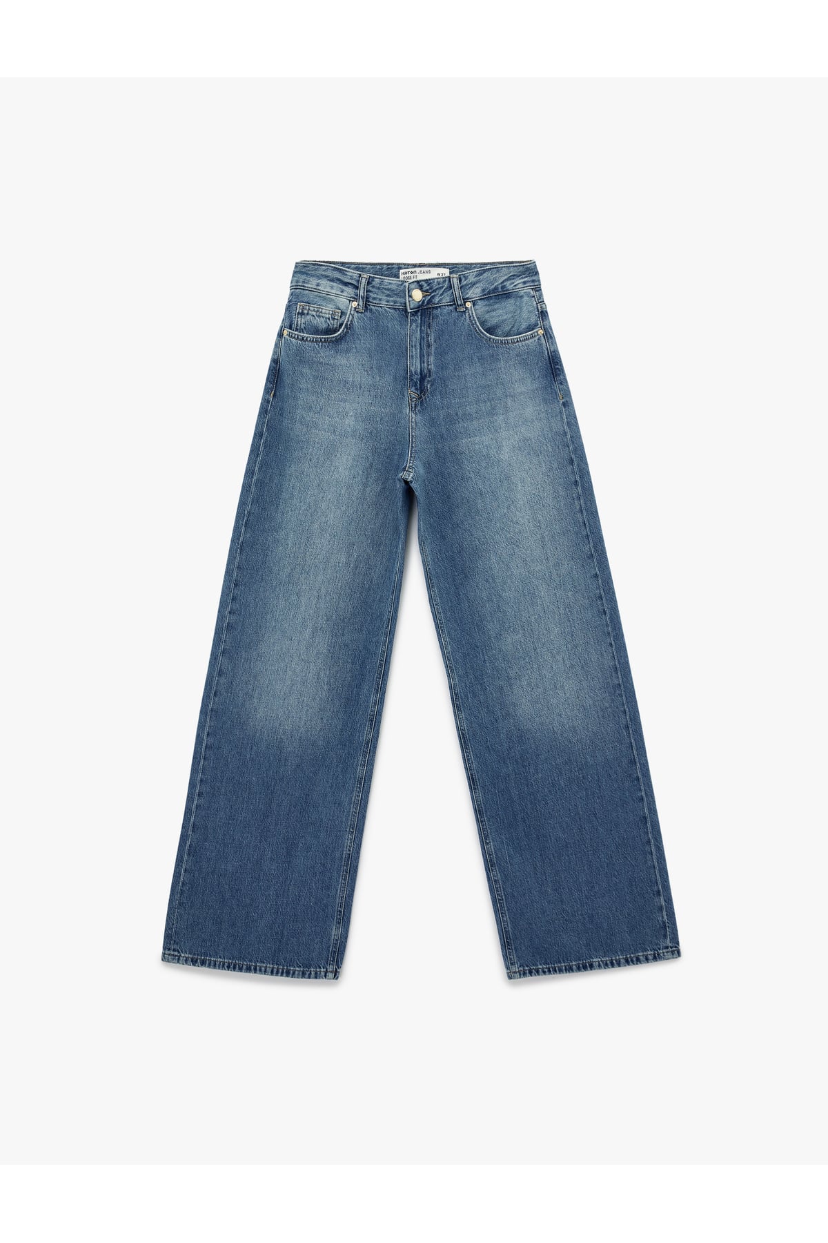Düğmeli Cep Detaylı Normal Bel Bol Kalıp Denim Pantolon - Loose Straight Fit Jean