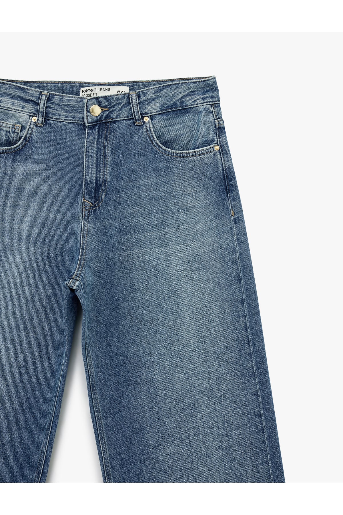 Düğmeli Cep Detaylı Normal Bel Bol Kalıp Denim Pantolon - Loose Straight Fit Jean
