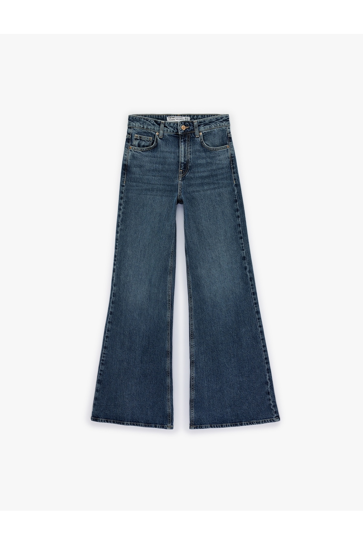 Düğmeli Cepli Normal Bel Pamuklu Rahat Kalıp İspanyol Paça Denim Pantolon