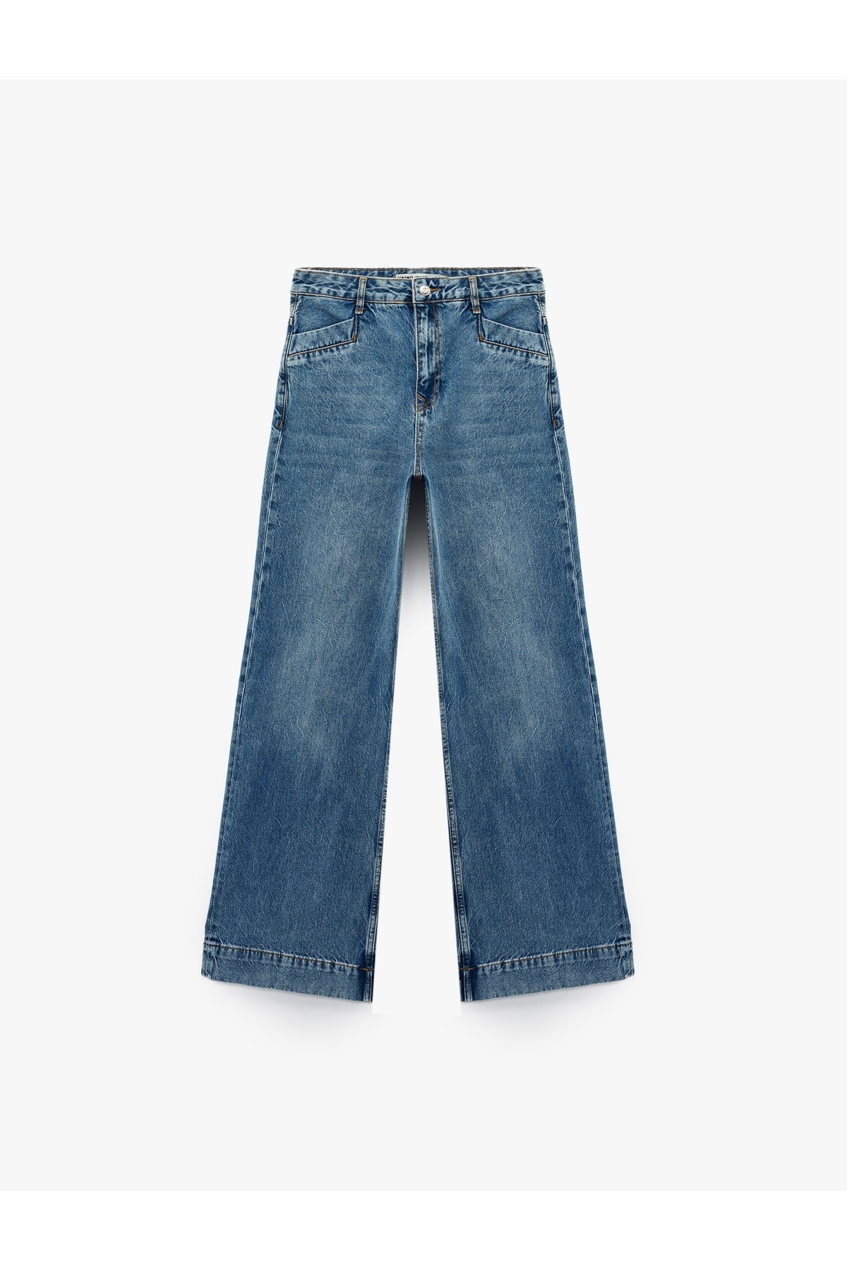 Düğmeli Cepli Regular Fit Pamuklu Geniş Paça Jean Pantolon - Wide Leg Jeans