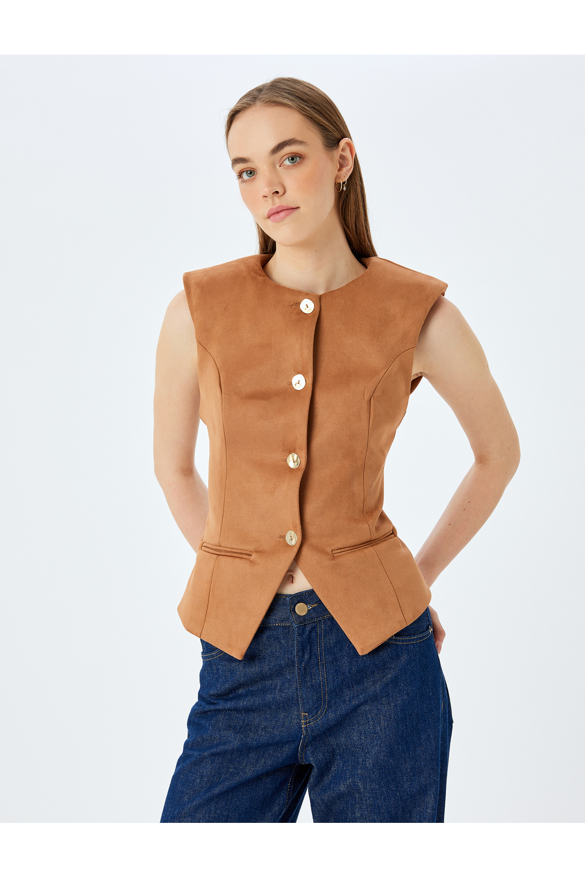 Düğmeli Fleto Cepli Bisiklet Yaka Slim Fit Yelek