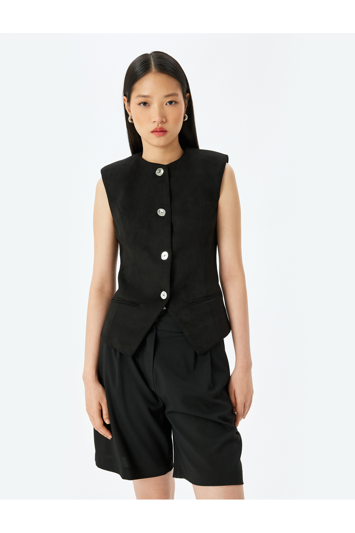 Düğmeli Fleto Cepli Bisiklet Yaka Slim Fit Yelek