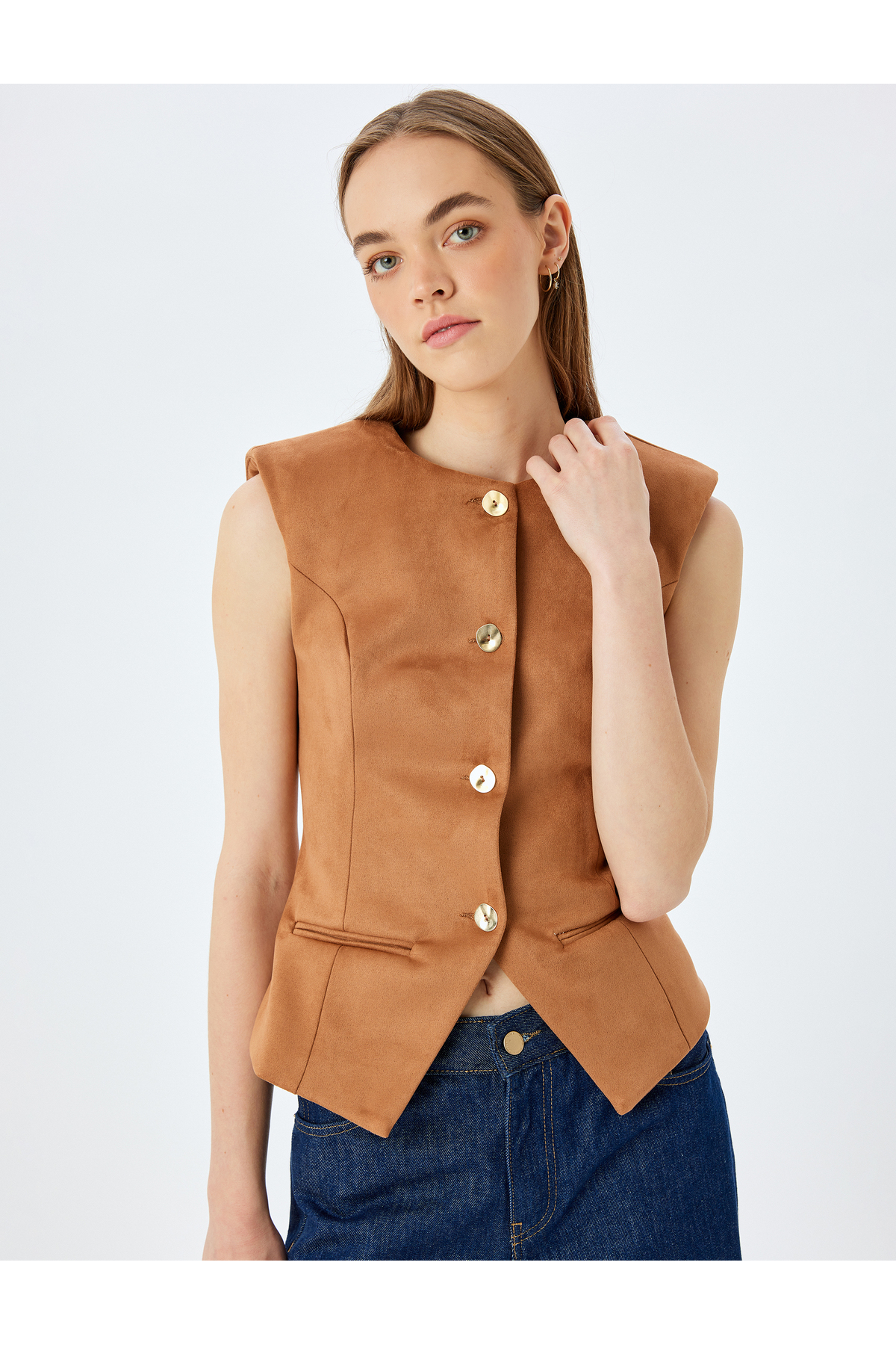 Düğmeli Fleto Cepli Bisiklet Yaka Slim Fit Yelek