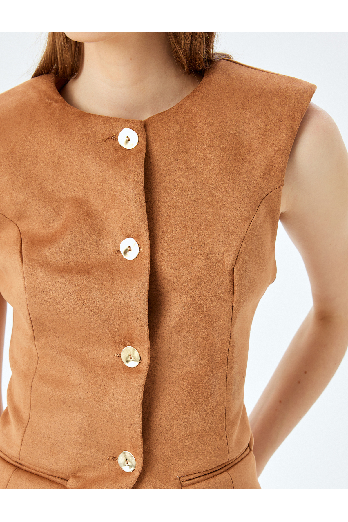 Düğmeli Fleto Cepli Bisiklet Yaka Slim Fit Yelek