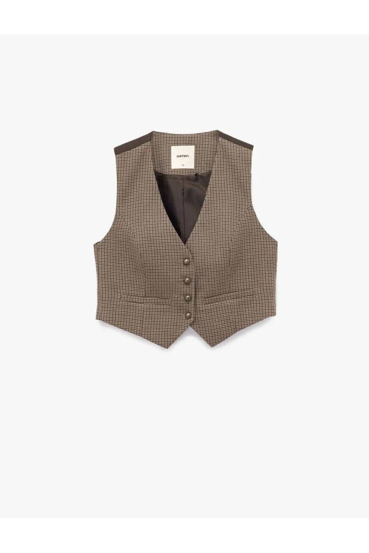 Düğmeli Slim Fit Ekose Blazer Yelek