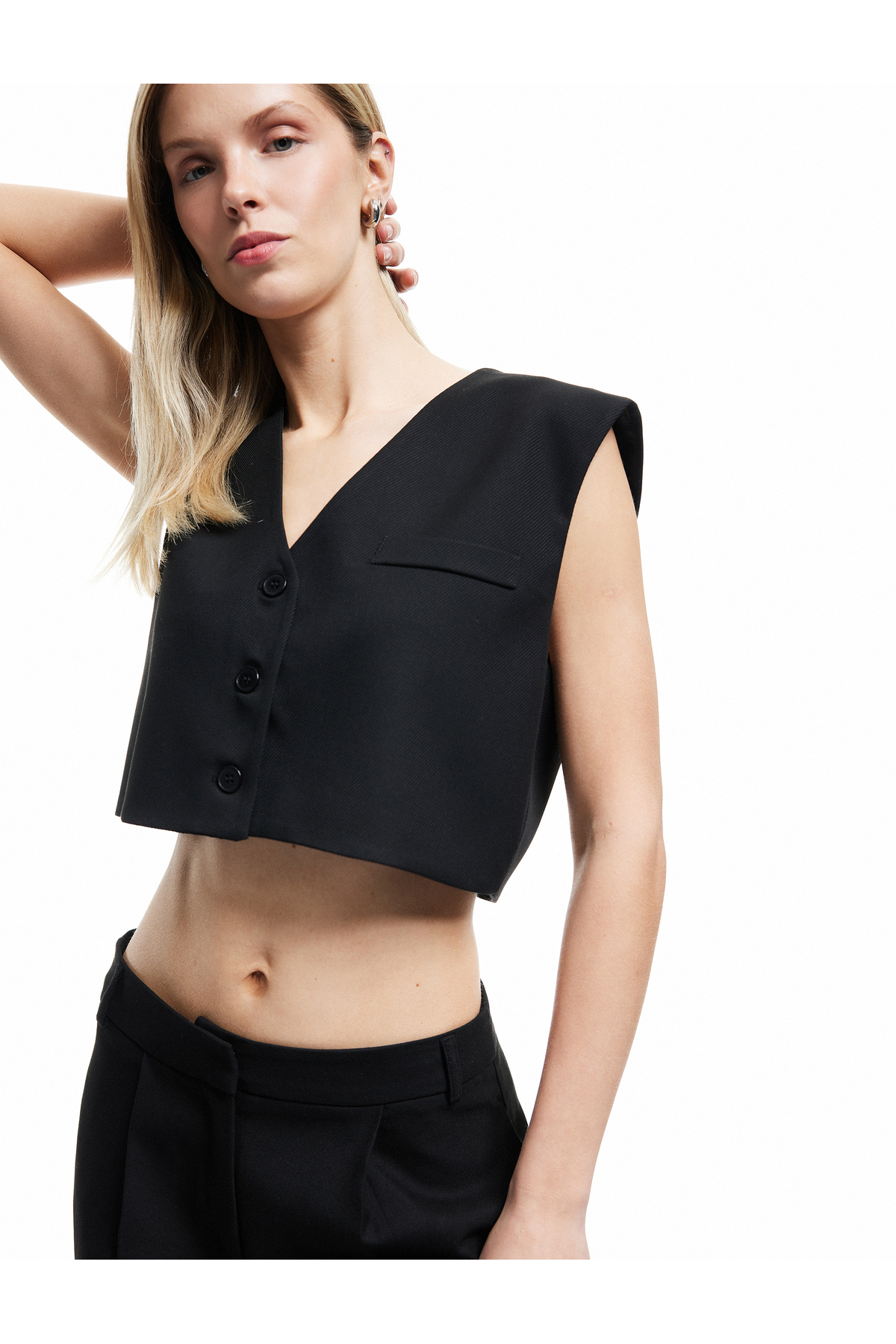 Düğmeli V Yaka Kolsuz Crop Blazer Yelek