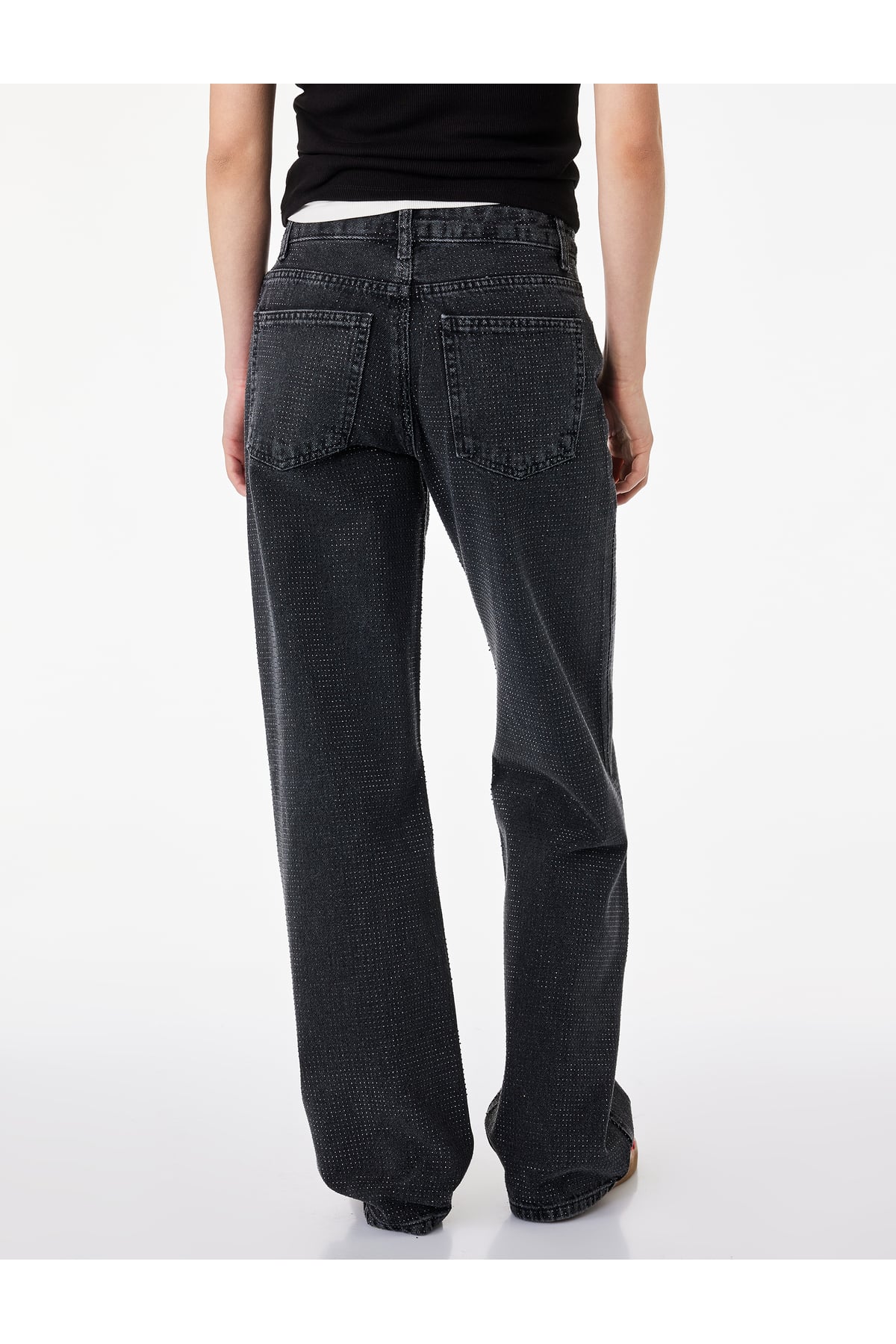 Düz Paça Normal Bel Taş Detaylı Pamuklu Denim Pantolon - Straight Fit Jean