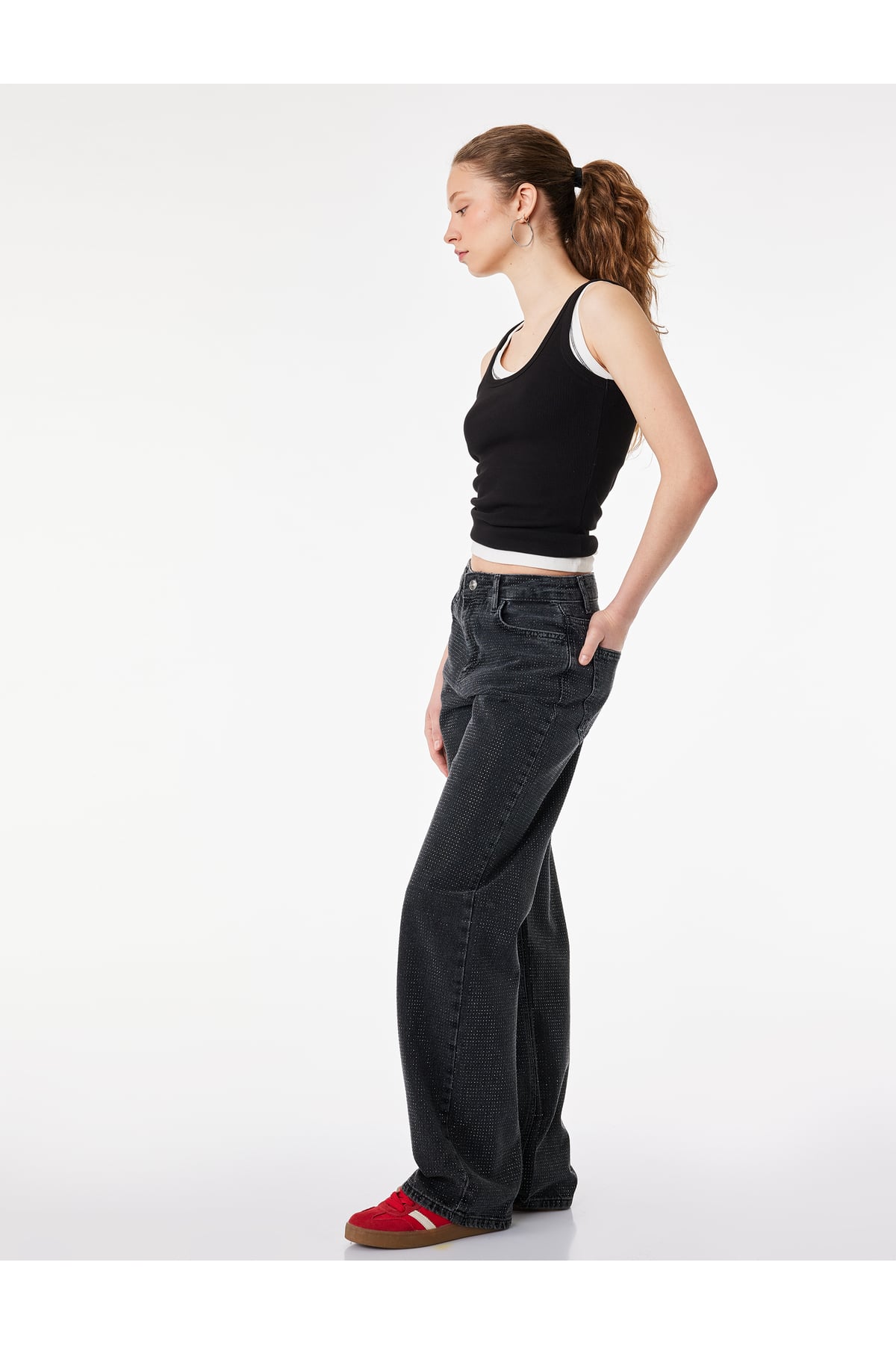 Düz Paça Normal Bel Taş Detaylı Pamuklu Denim Pantolon - Straight Fit Jean