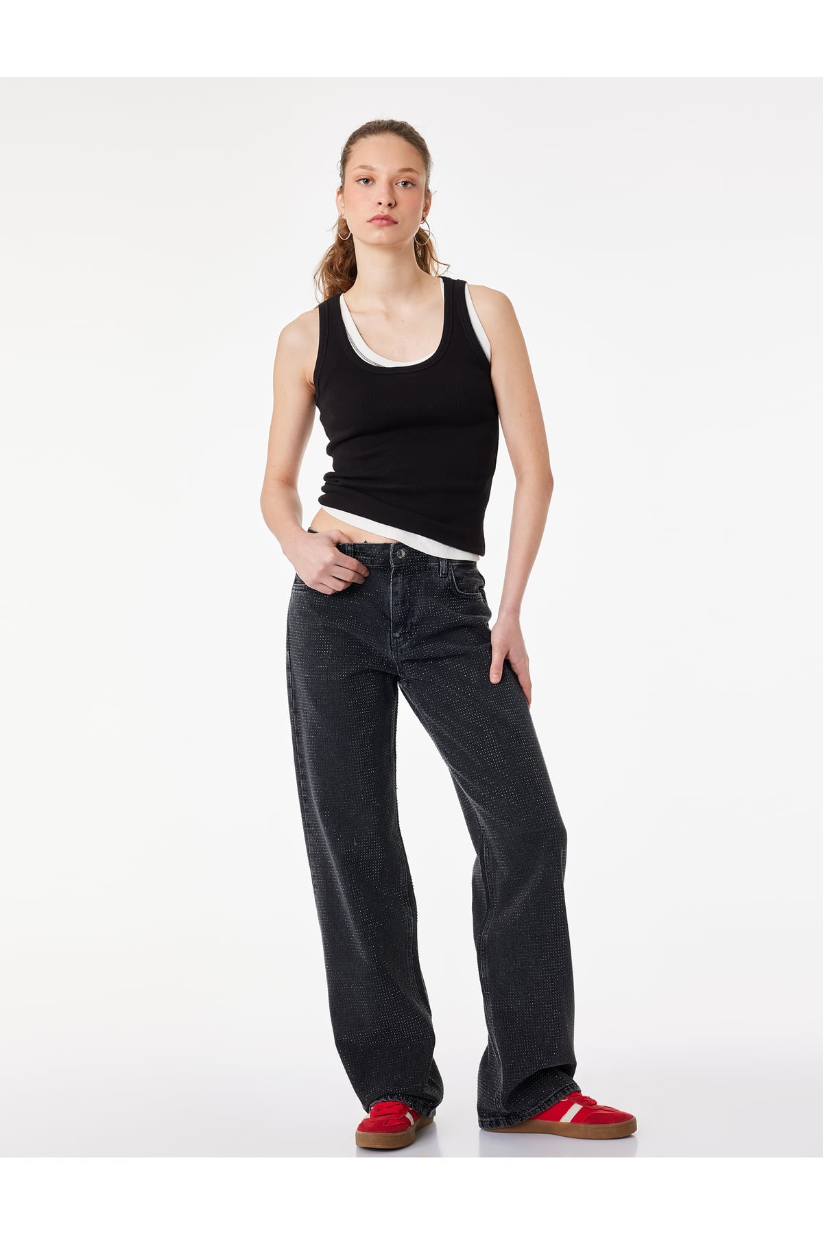Düz Paça Normal Bel Taş Detaylı Pamuklu Denim Pantolon - Straight Fit Jean
