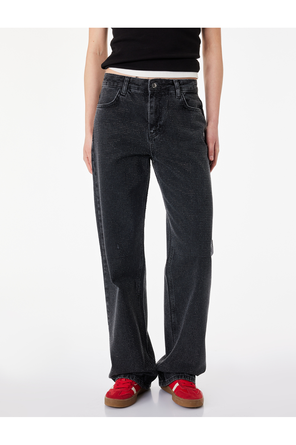 Düz Paça Normal Bel Taş Detaylı Pamuklu Denim Pantolon - Straight Fit Jean