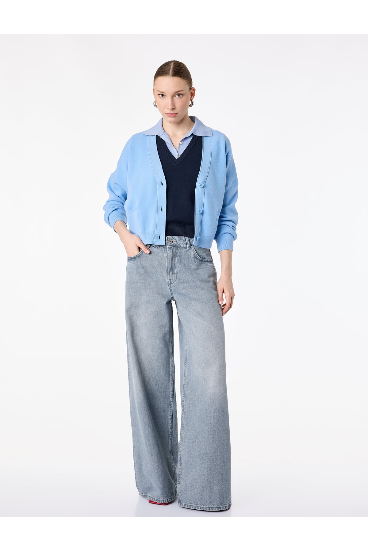 Düz Paça Yüksek Bel Cepli Bol Kalıp Denim Pantolon - Loose Straight Fit Jean