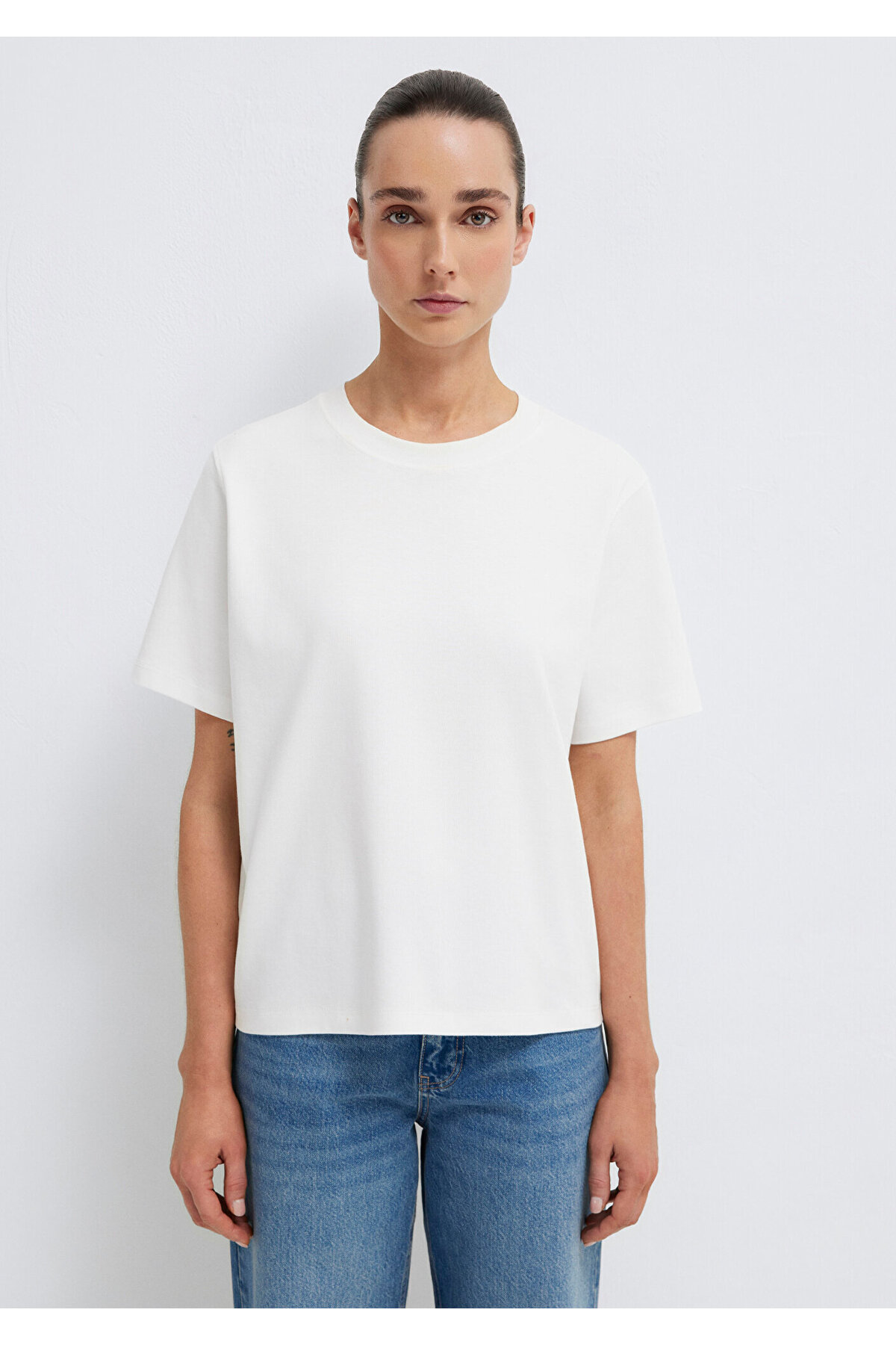 Ekru Basic İnterlok Tişört Loose Fit / Bol Rahat Kesim 1613820-70057
