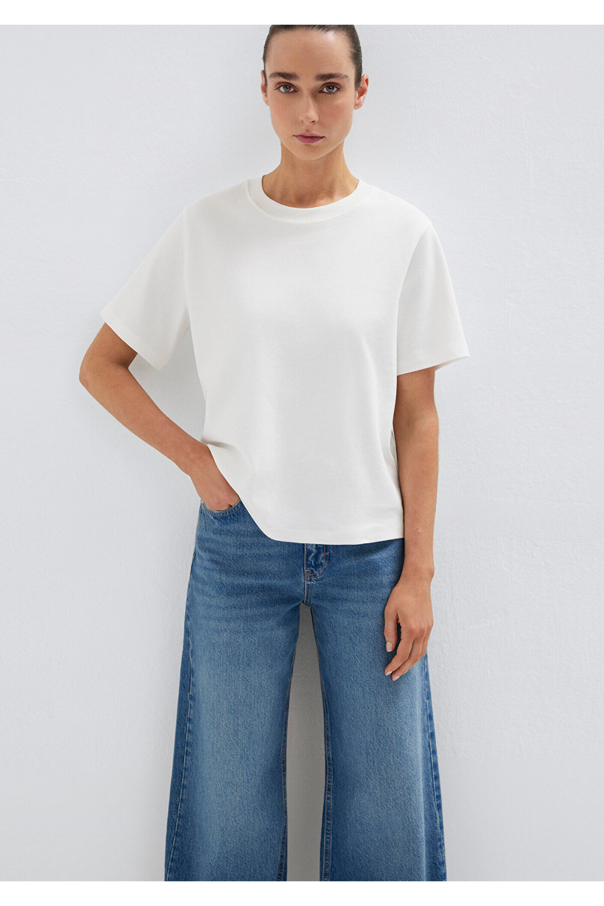 Ekru Basic İnterlok Tişört Loose Fit / Bol Rahat Kesim 1613820-70057