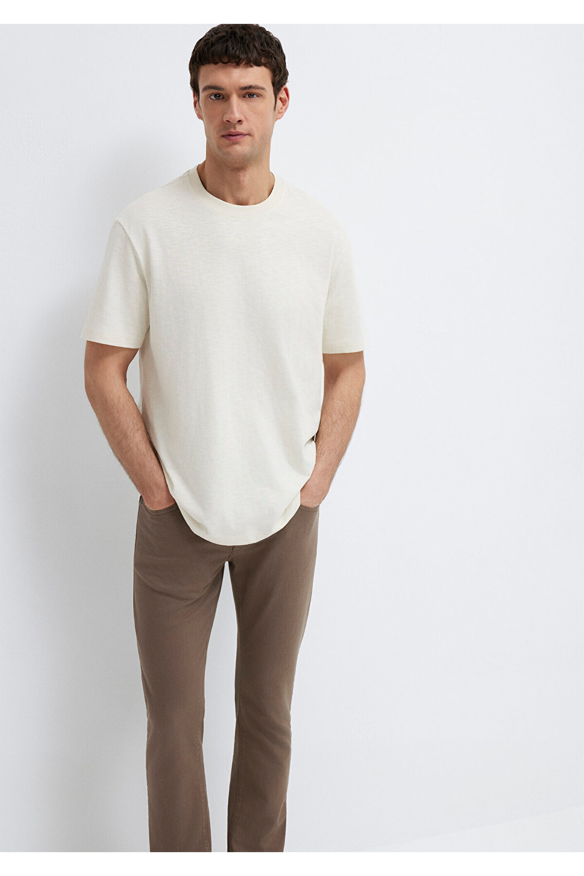 Ekru Basic Tişört Loose Fit / Bol Rahat Kesim 0613146-70056