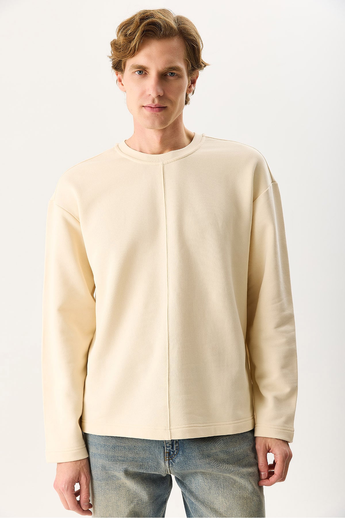Erkek Benedict Dikiş Detaylı Sweatshirt %100 Pamuk - Kemik