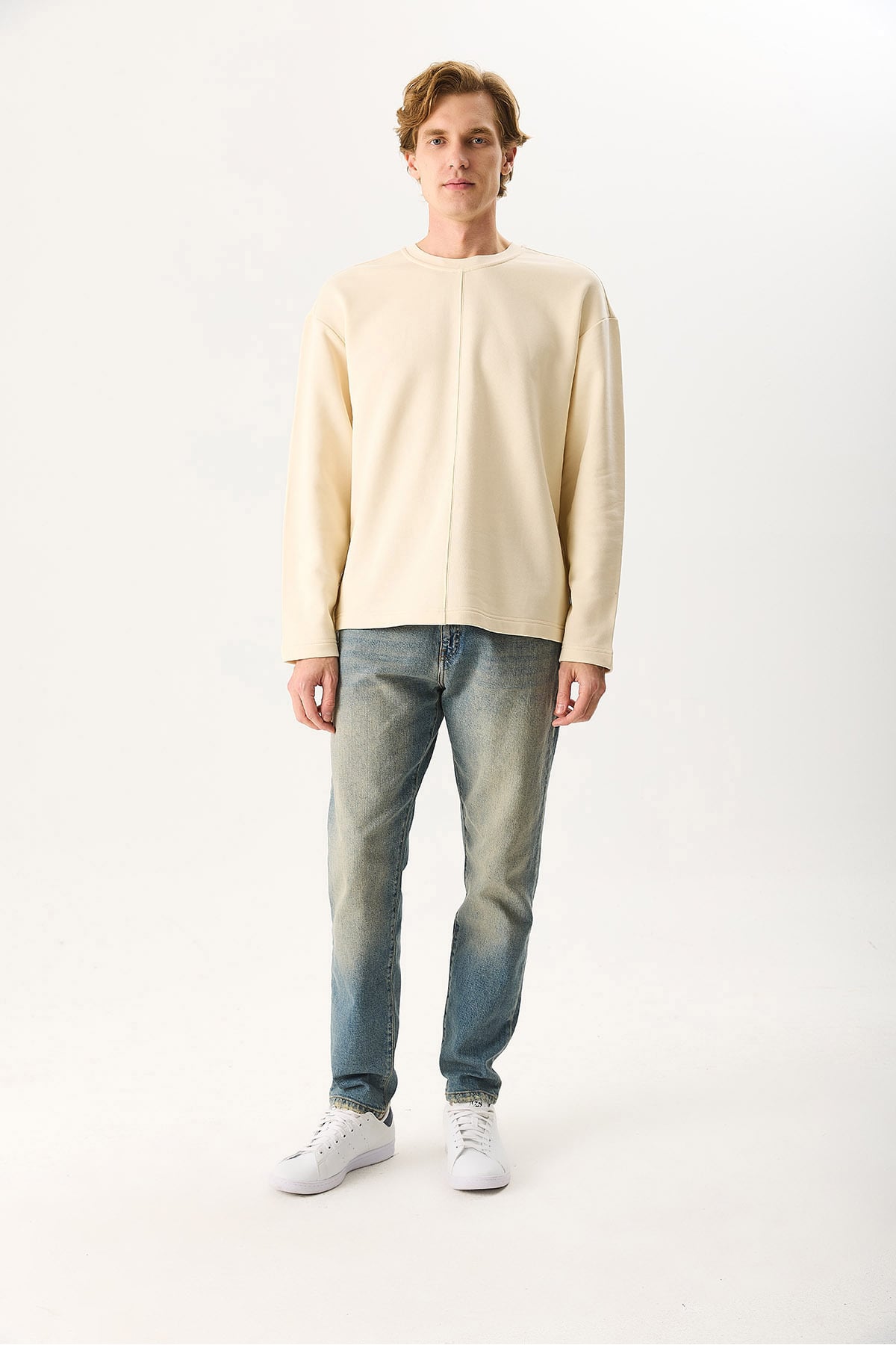 Erkek Benedict Dikiş Detaylı Sweatshirt %100 Pamuk - Kemik