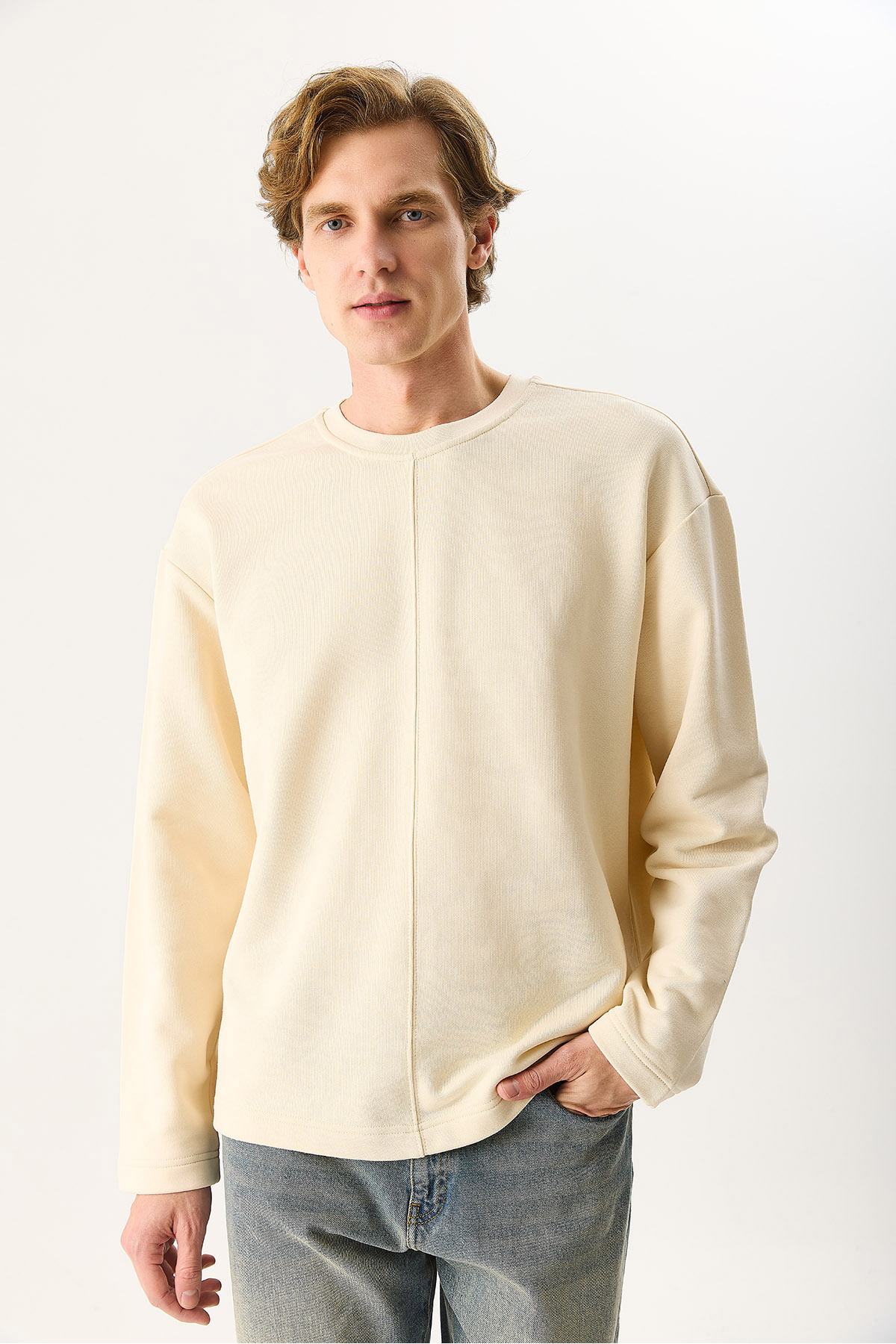 Erkek Benedict Dikiş Detaylı Sweatshirt %100 Pamuk - Kemik