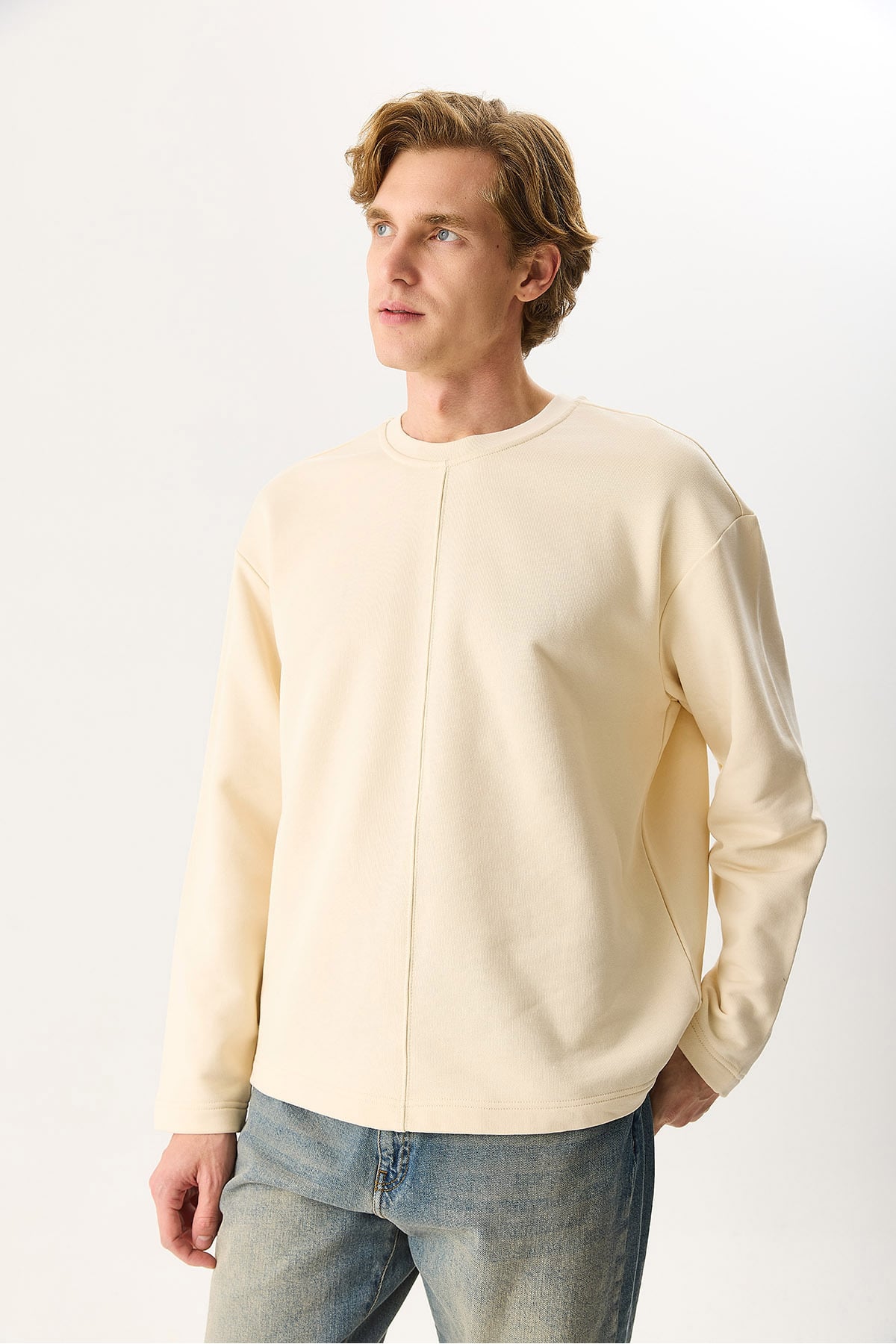 Erkek Benedict Dikiş Detaylı Sweatshirt %100 Pamuk - Kemik