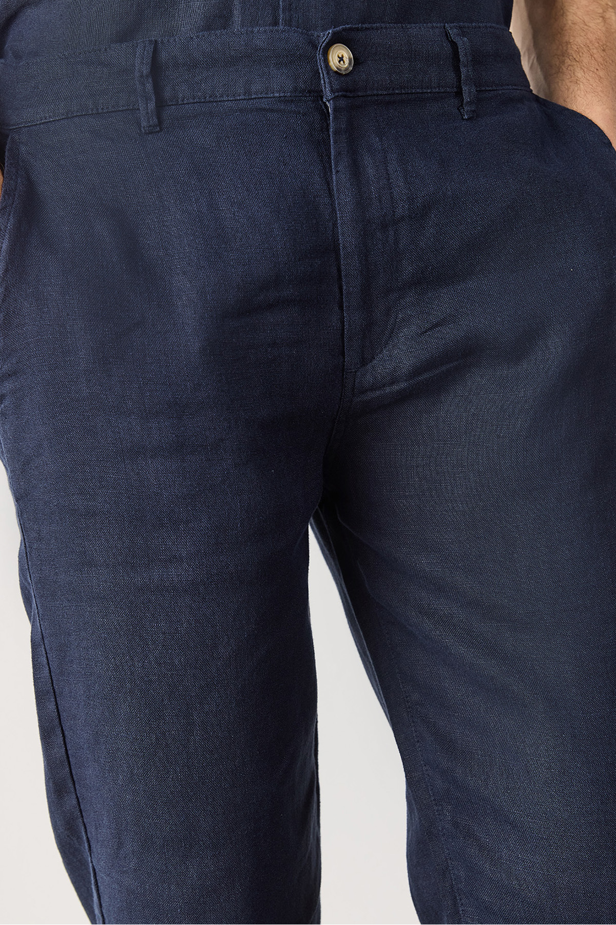 Erkek Ken Beli Lastikli Chino Pantolon %100 Keten - Lacivert