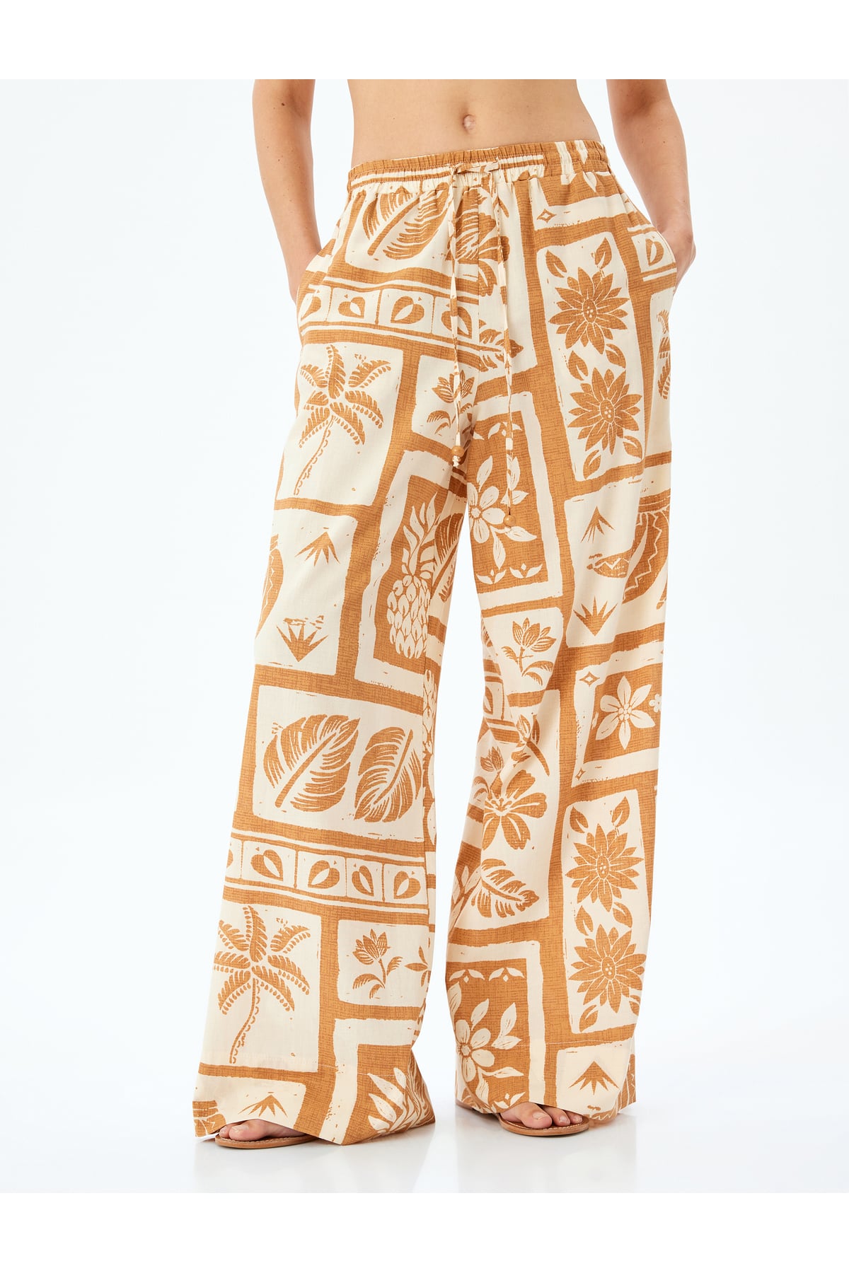 Etnik Desenli Beli Lastikli Bağlamalı Bol Paça Pantolon