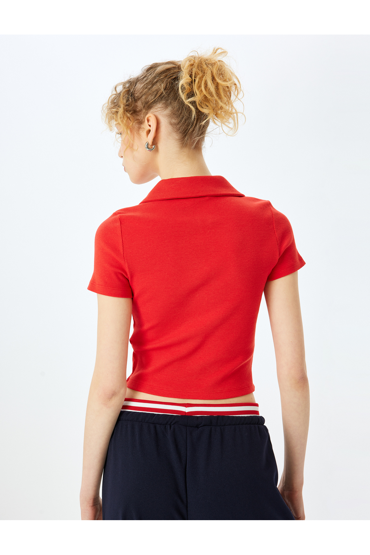 Fermuar Detaylı Slim Fit Drapeli Kısa Kollu Crop Tişört
