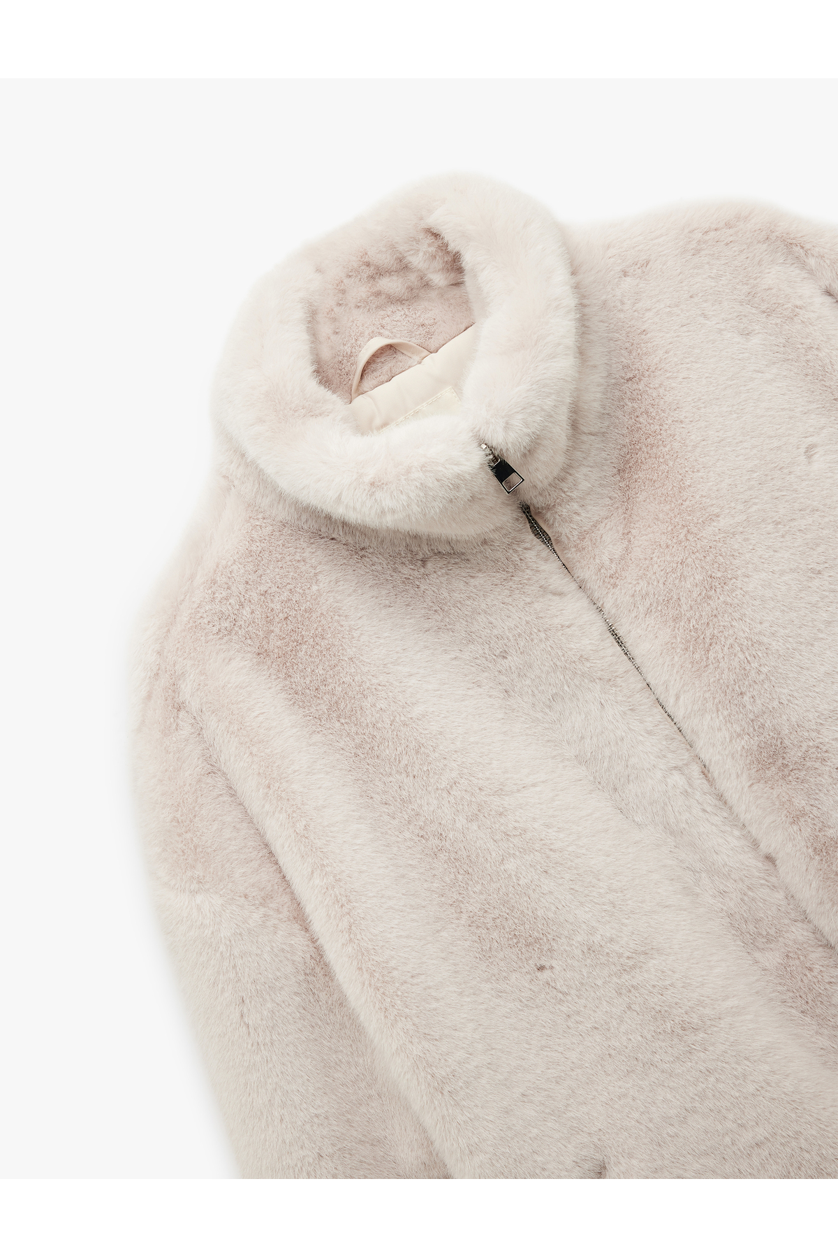 Fermuarlı Dik Yaka Cepli Suni Kürk Peluş Oversize Crop Mont