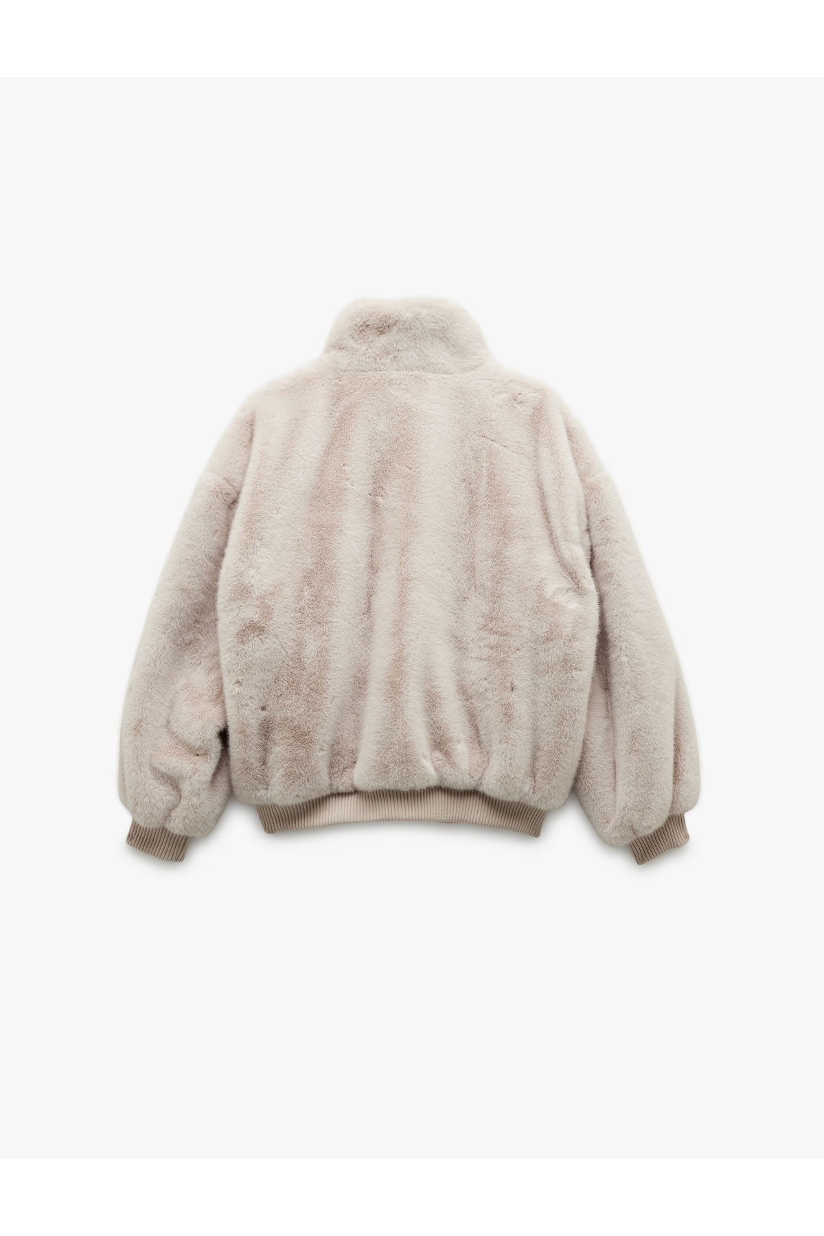 Fermuarlı Dik Yaka Cepli Suni Kürk Peluş Oversize Crop Mont