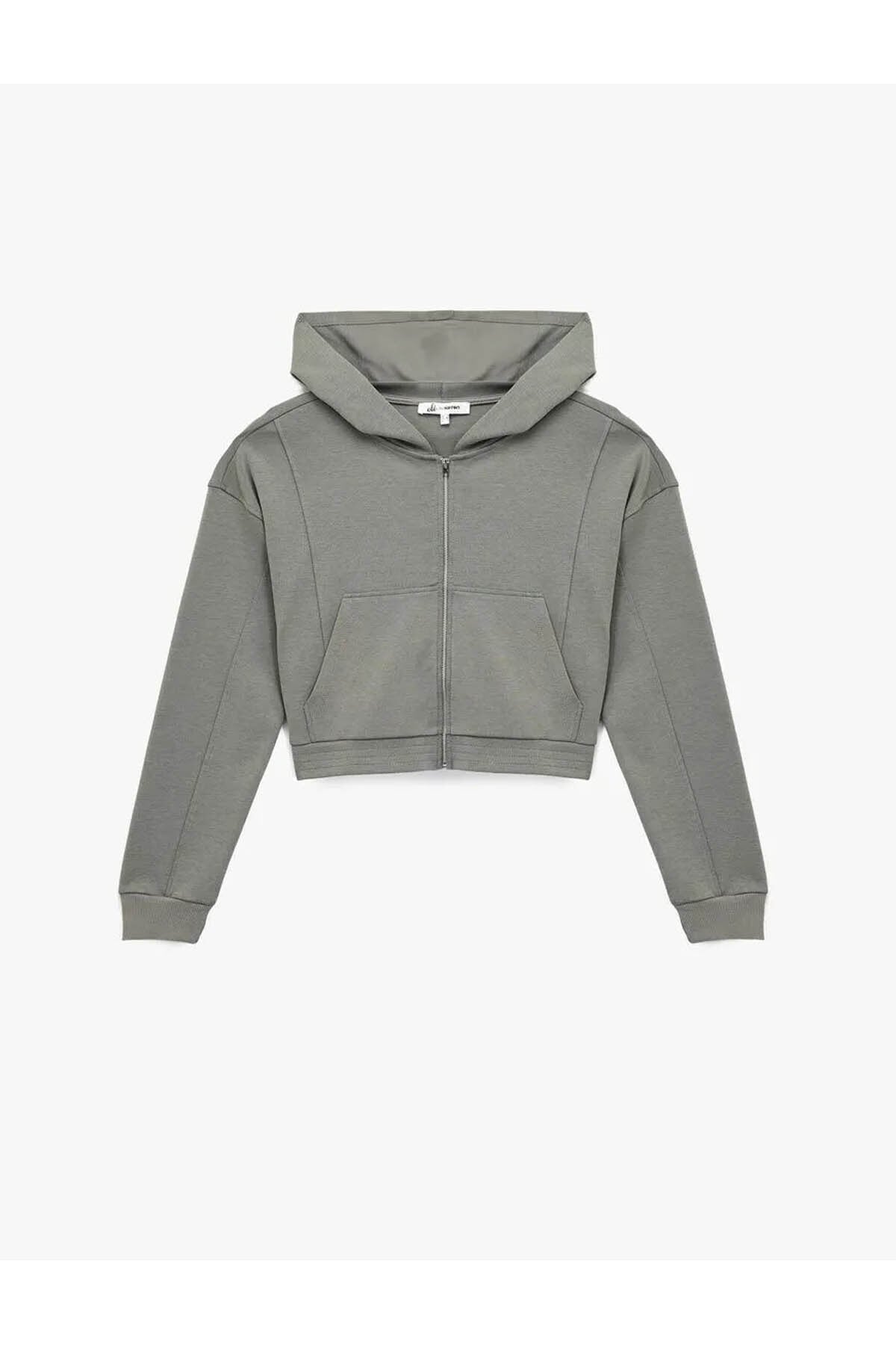 Fermuarlı Kapüşonlu Crop Gri Kadın Sweatshirt 6WAL10483IK