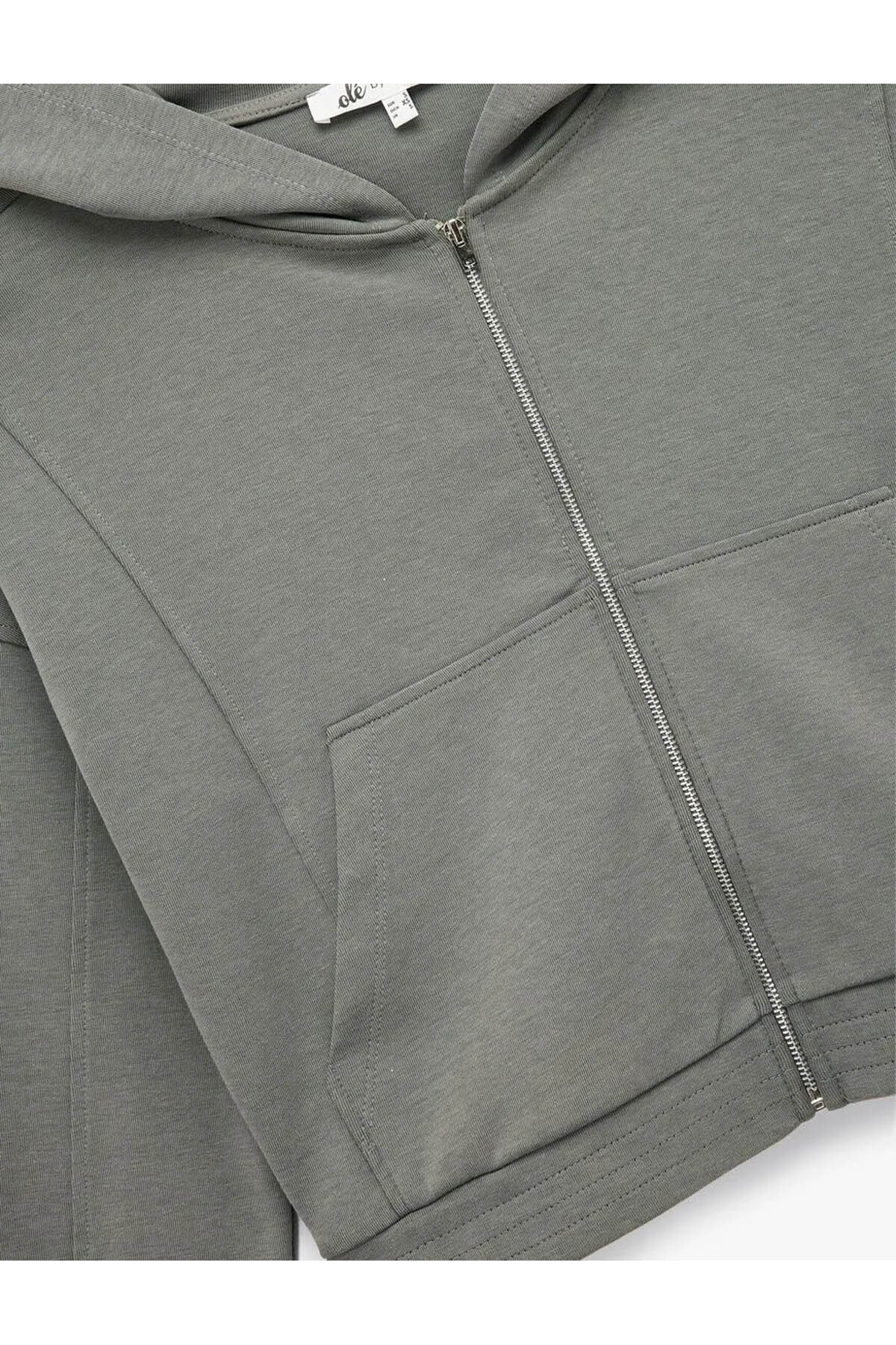 Fermuarlı Kapüşonlu Crop Gri Kadın Sweatshirt 6WAL10483IK