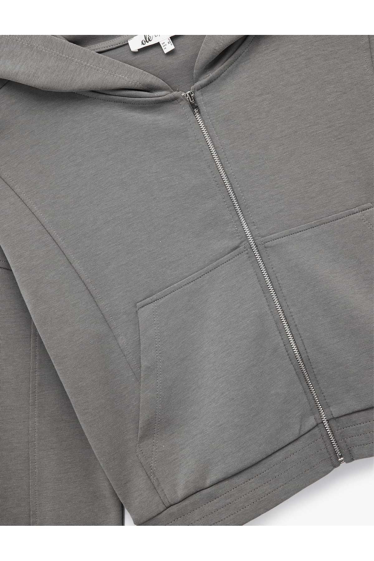 Fermuarlı Kapüşonlu Crop Gri Kadın Sweatshirt 6WAL10483IK