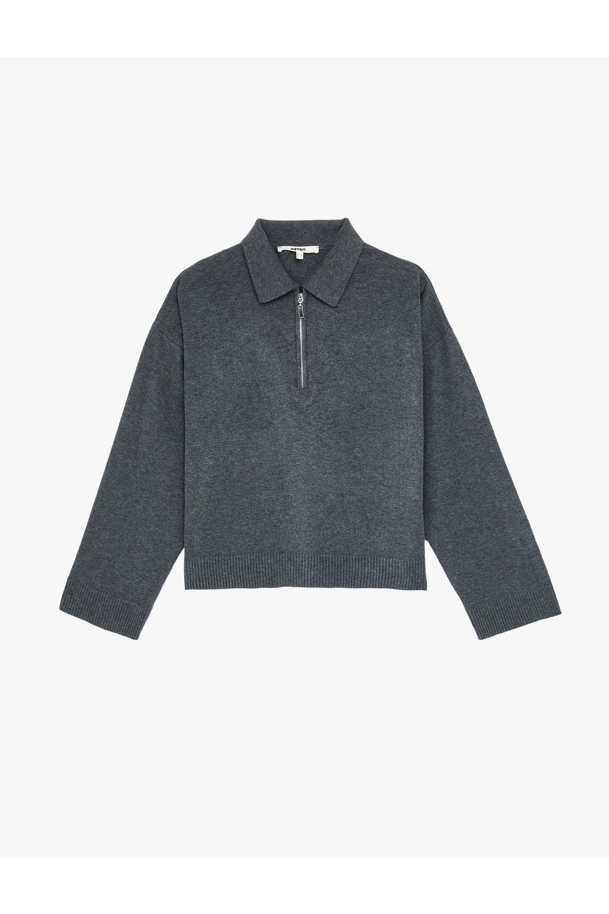 Fermuarlı Polo Yaka Uzun Kollu Oversize Kazak