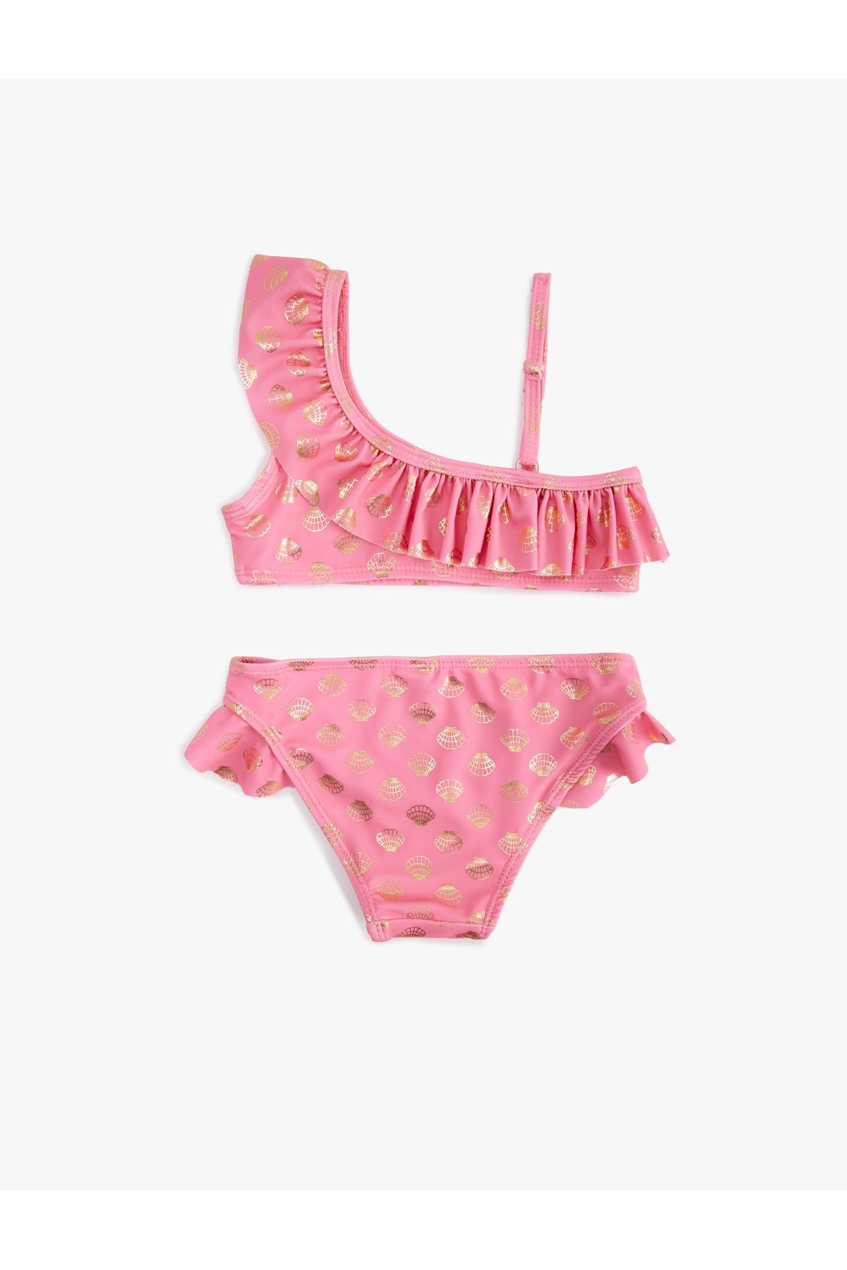 Fırfırlı Parlak Baskılı Tek Omuz İnce Askılı Bikini Takımı
