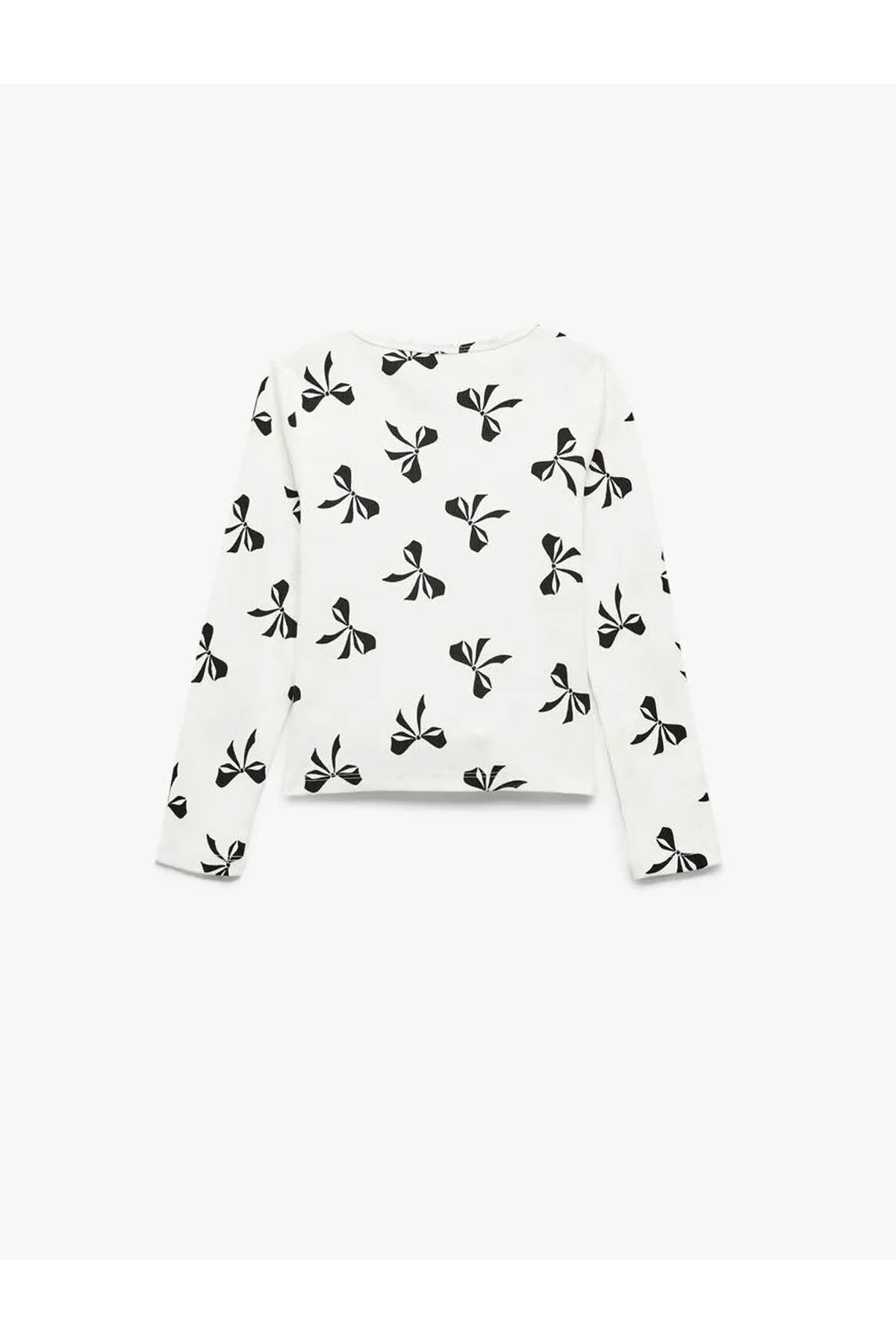 Fiyonk Desenli Ekru Kız Çocuk Uzun Kollu T-shirt 6Wkg10033Ak
