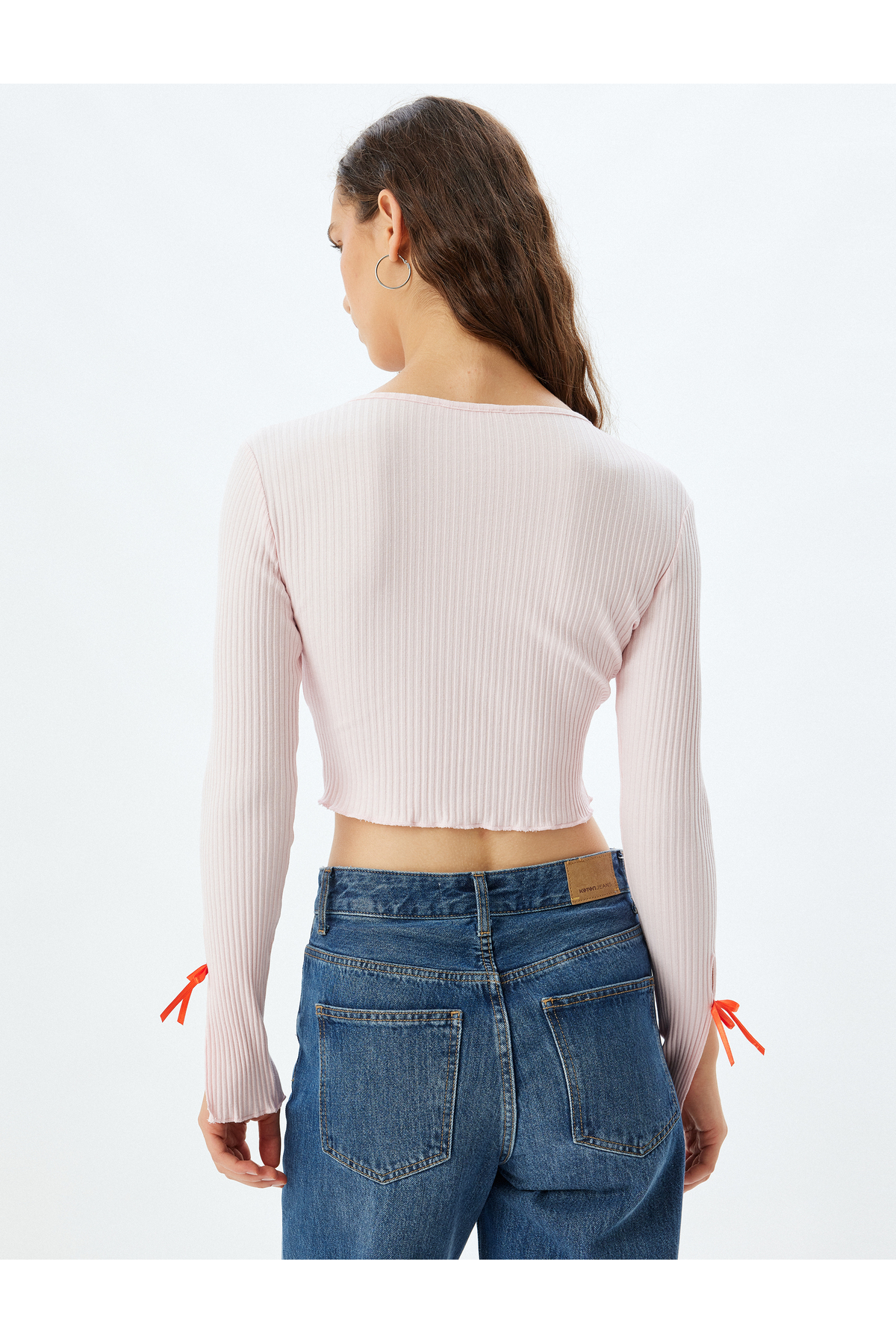 Fiyonklu Crop Hırka Fitilli Slim Fit Uzun Kollu Yuvarlak Yaka Pamuklu