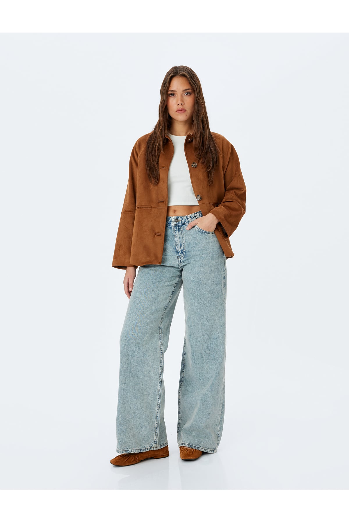 Geniş Paça Kemer Detaylı Cepli Normal Bel Kot Pantolon - Wide Leg Jean