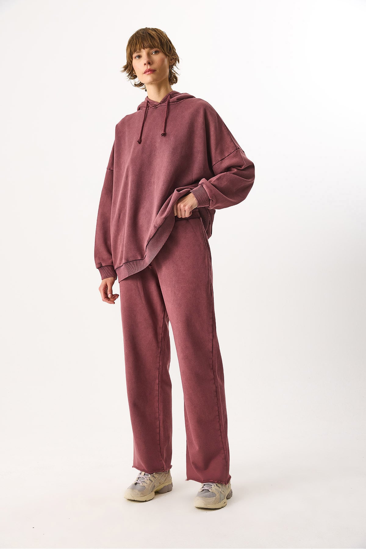 Geniş Paça Regular Fit Yıkamalı %100 Pamuk Jogging Pantolon - BORDO