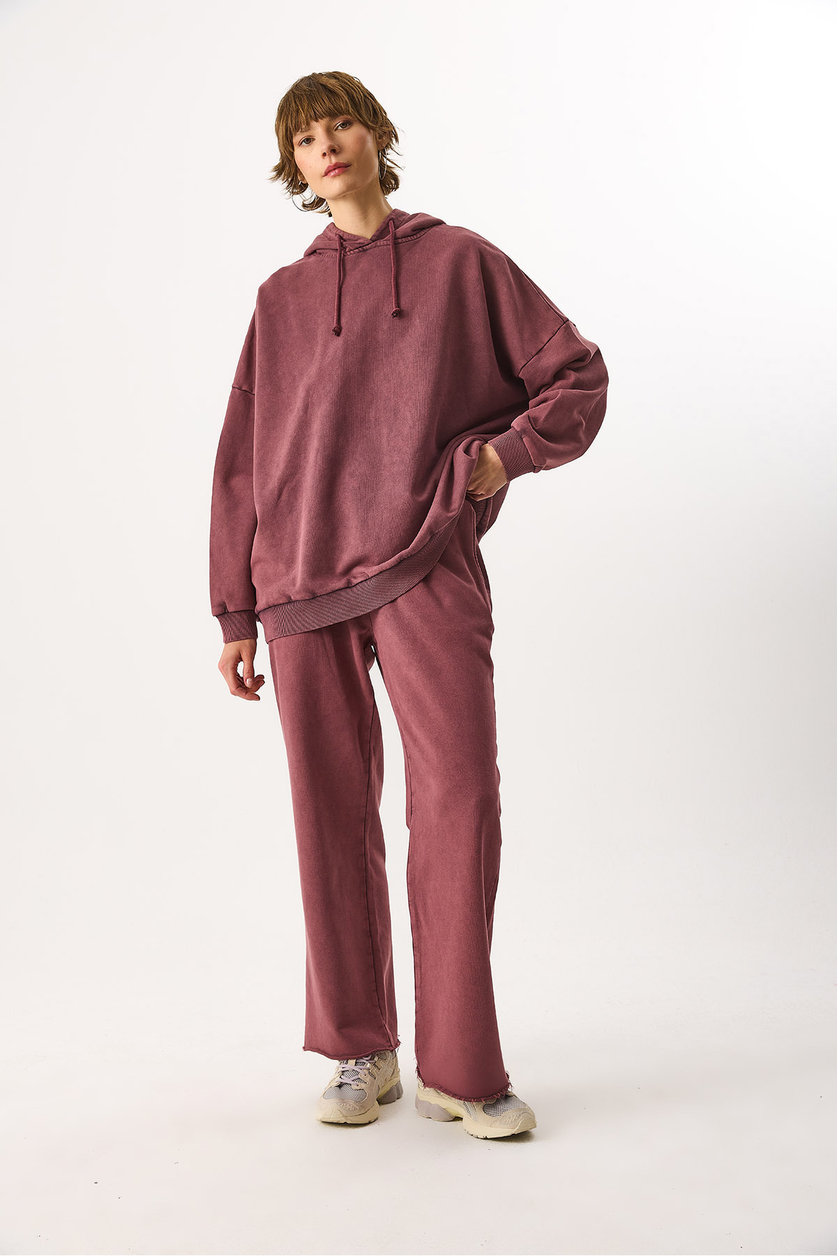 Geniş Paça Regular Fit Yıkamalı %100 Pamuk Jogging Pantolon - BORDO