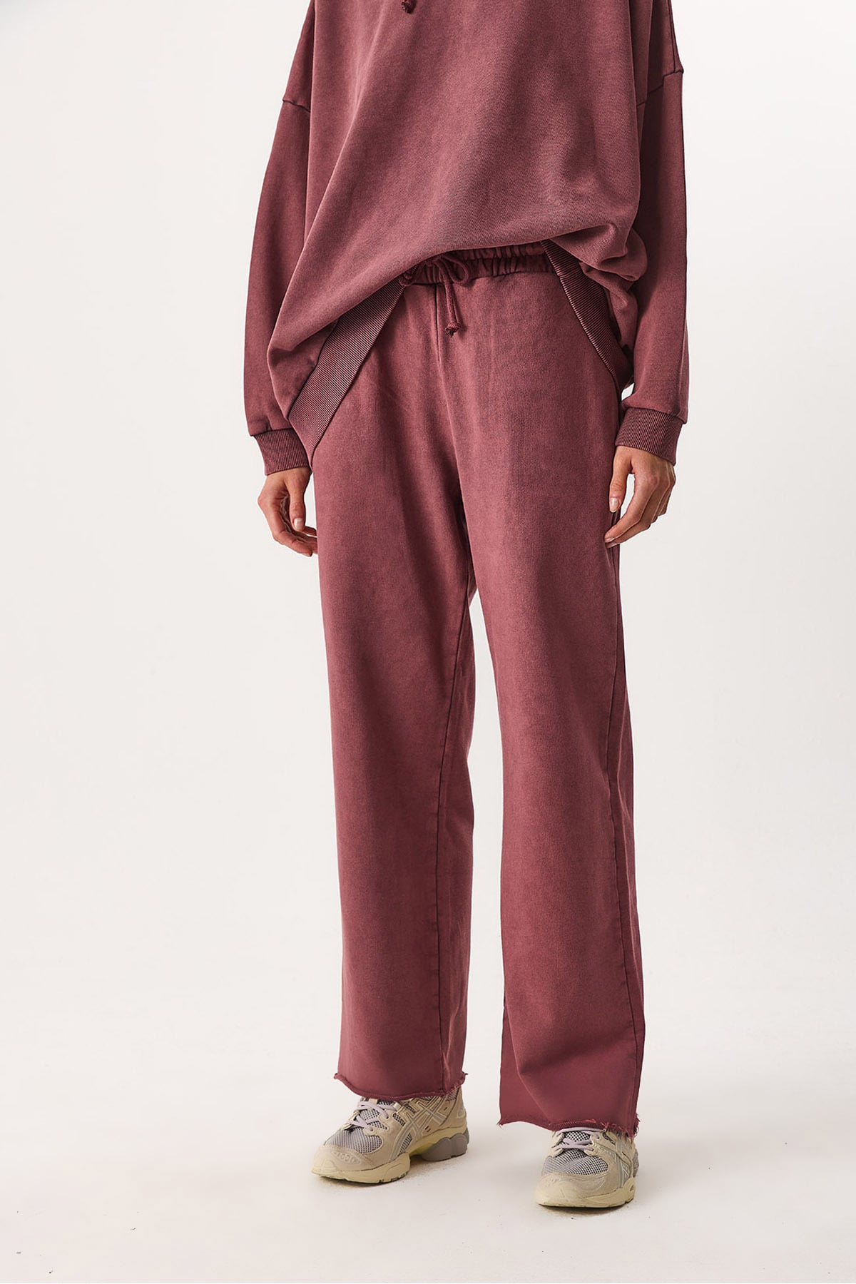 Geniş Paça Regular Fit Yıkamalı %100 Pamuk Jogging Pantolon - BORDO