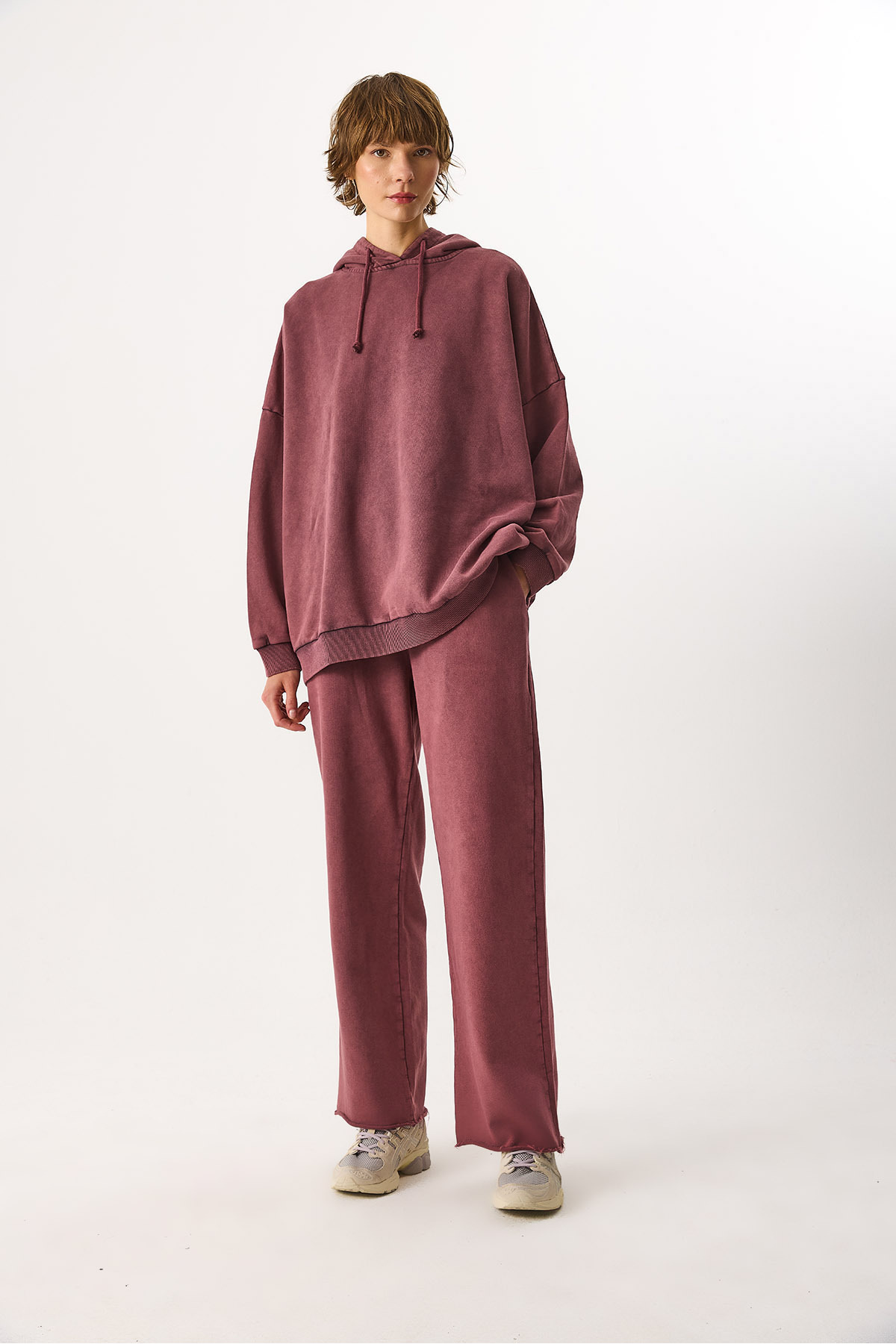 Geniş Paça Regular Fit Yıkamalı %100 Pamuk Jogging Pantolon - BORDO