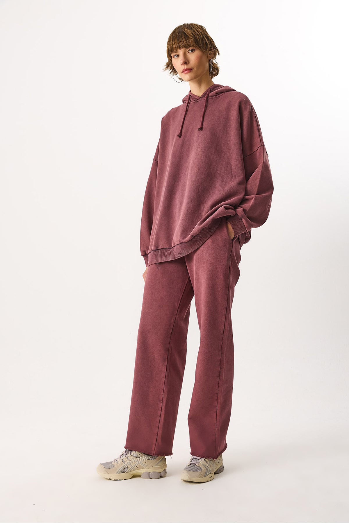 Geniş Paça Regular Fit Yıkamalı %100 Pamuk Jogging Pantolon - BORDO