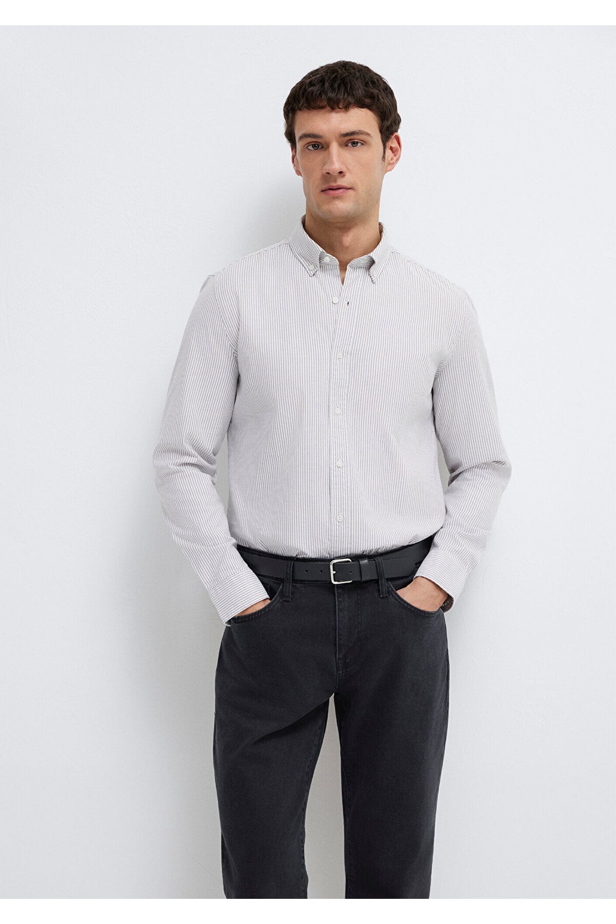 Gri Çizgili Beyaz Gömlek Slim Fit / Dar Kesim 0211916-91472