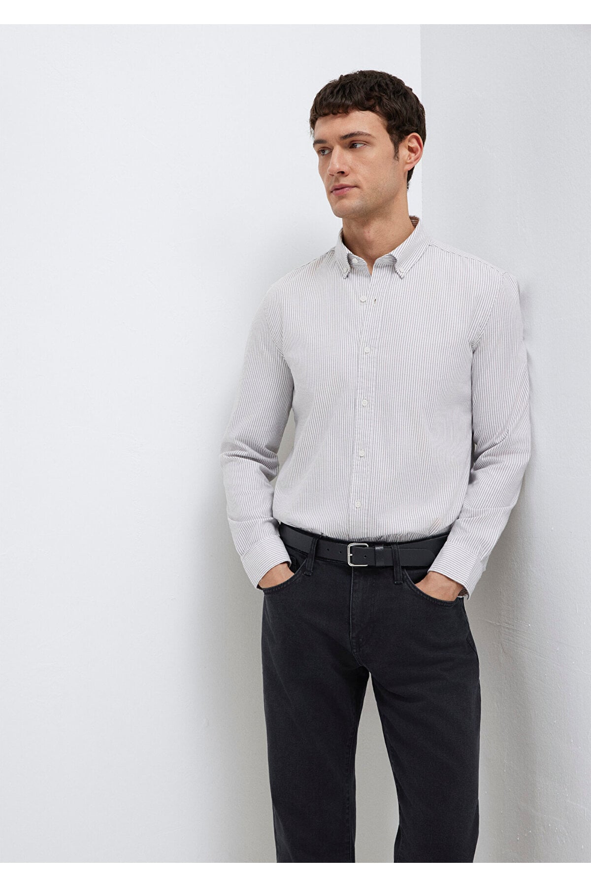 Gri Çizgili Beyaz Gömlek Slim Fit / Dar Kesim 0211916-91472