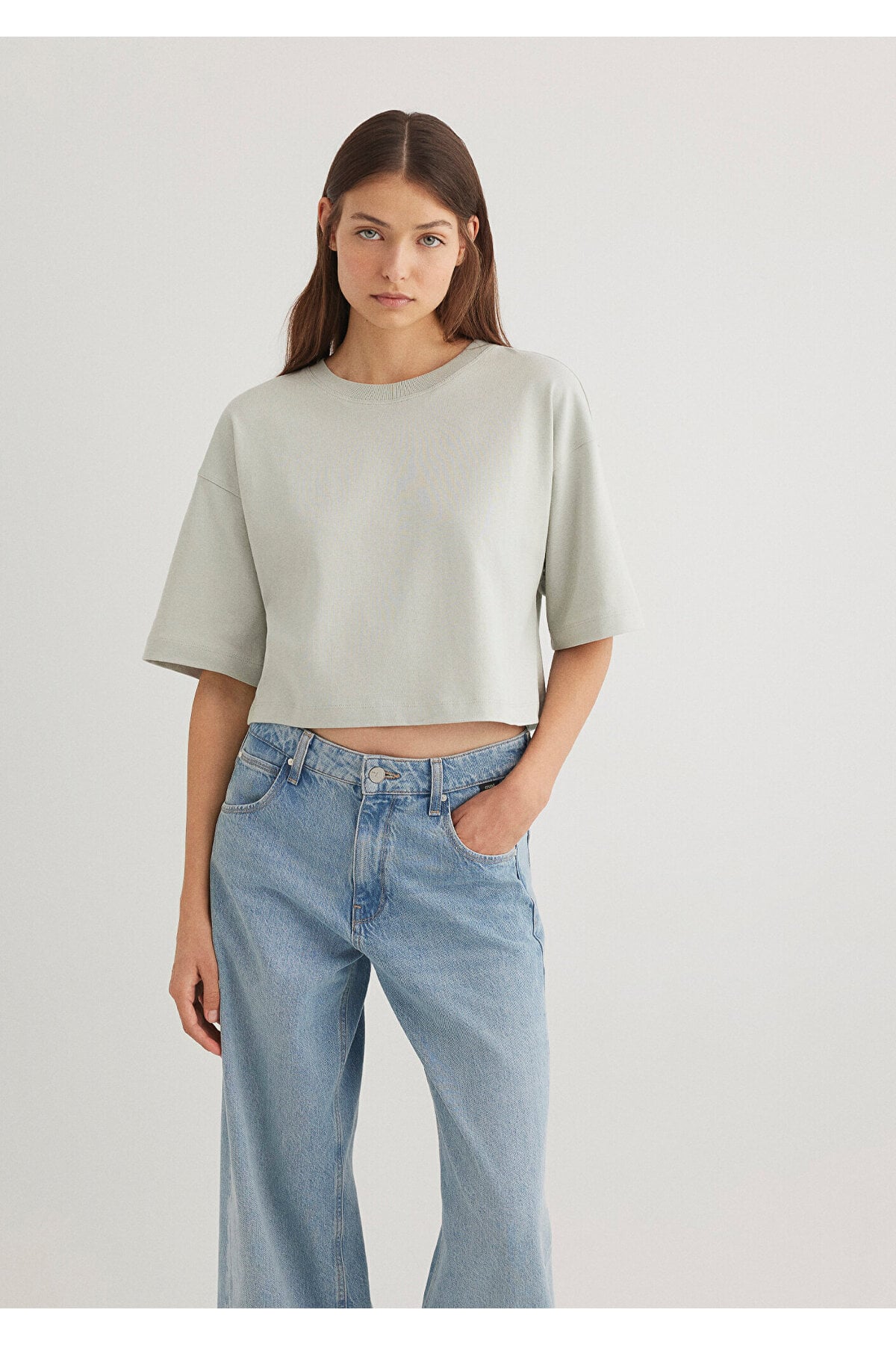 Gri Crop Basic Tişört Crop / Kısa Kesim 1612377-70082