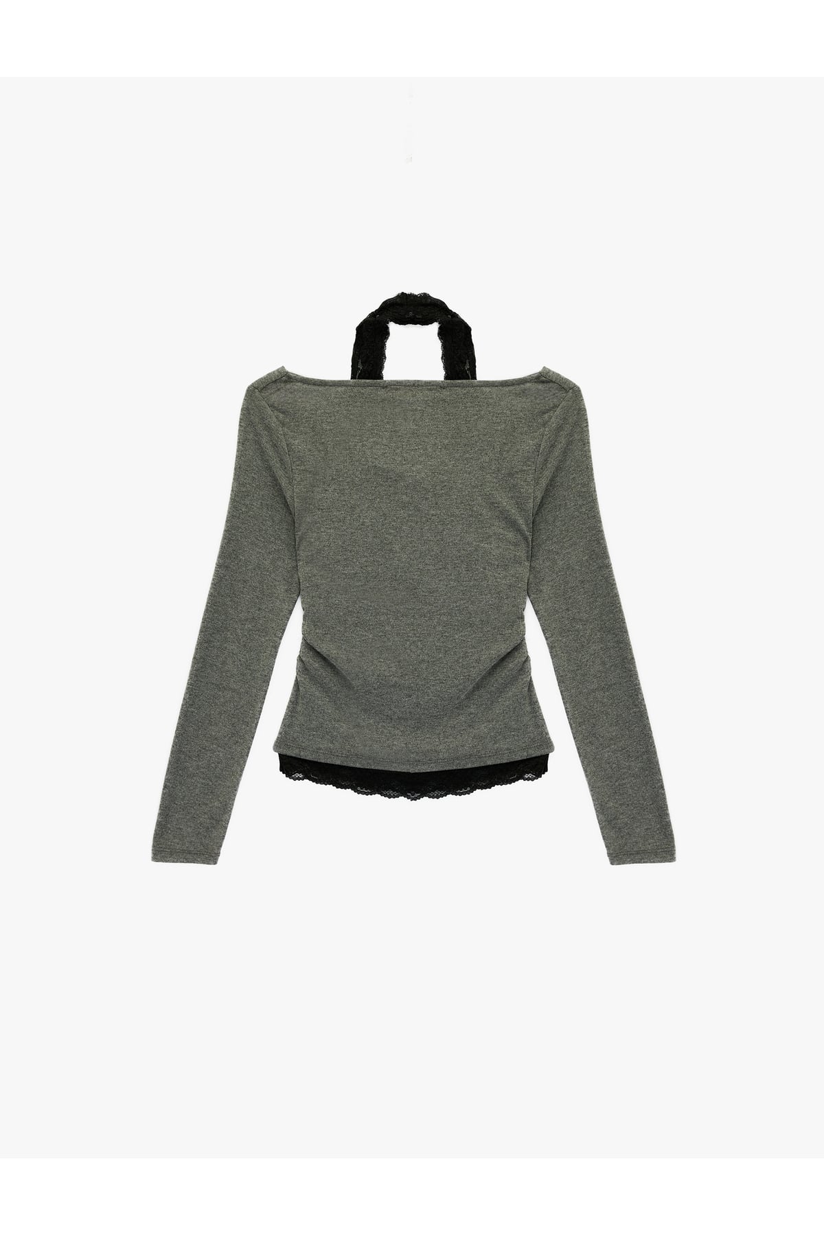 Halter Yaka Dantel Detaylı Slim Fit Uzun Kollu Tişört
