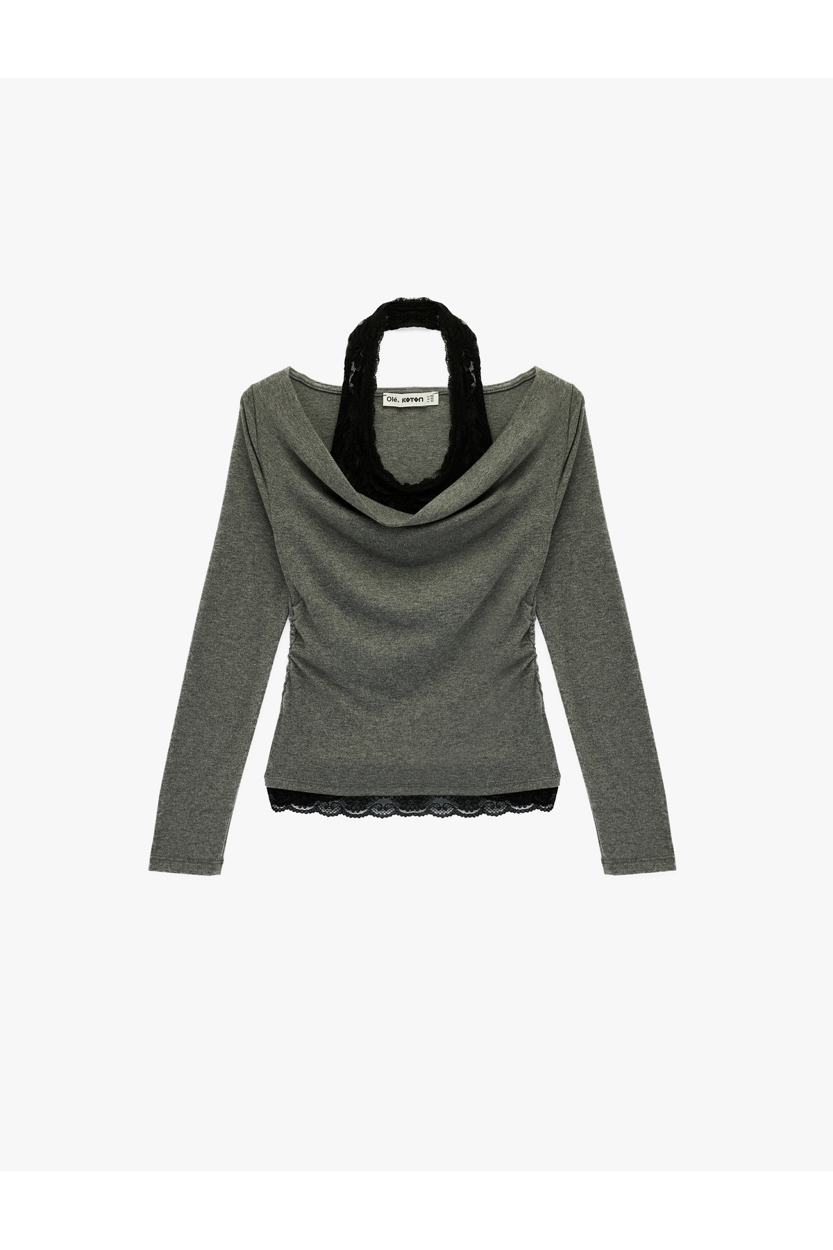 Halter Yaka Dantel Detaylı Slim Fit Uzun Kollu Tişört