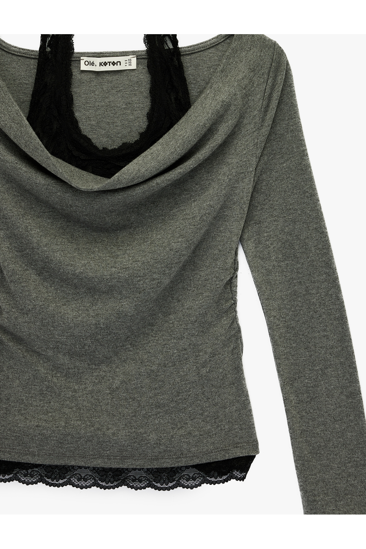 Halter Yaka Dantel Detaylı Slim Fit Uzun Kollu Tişört