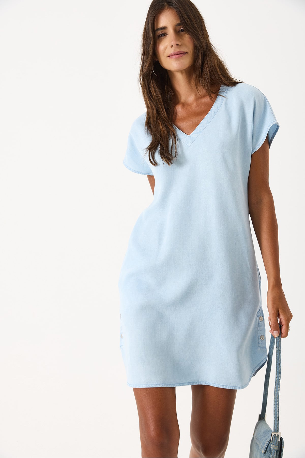 Helly Sky Blue V Yaka Kısa Kollu Jean Elbise(Tencel)(TM) - SKY BLUE