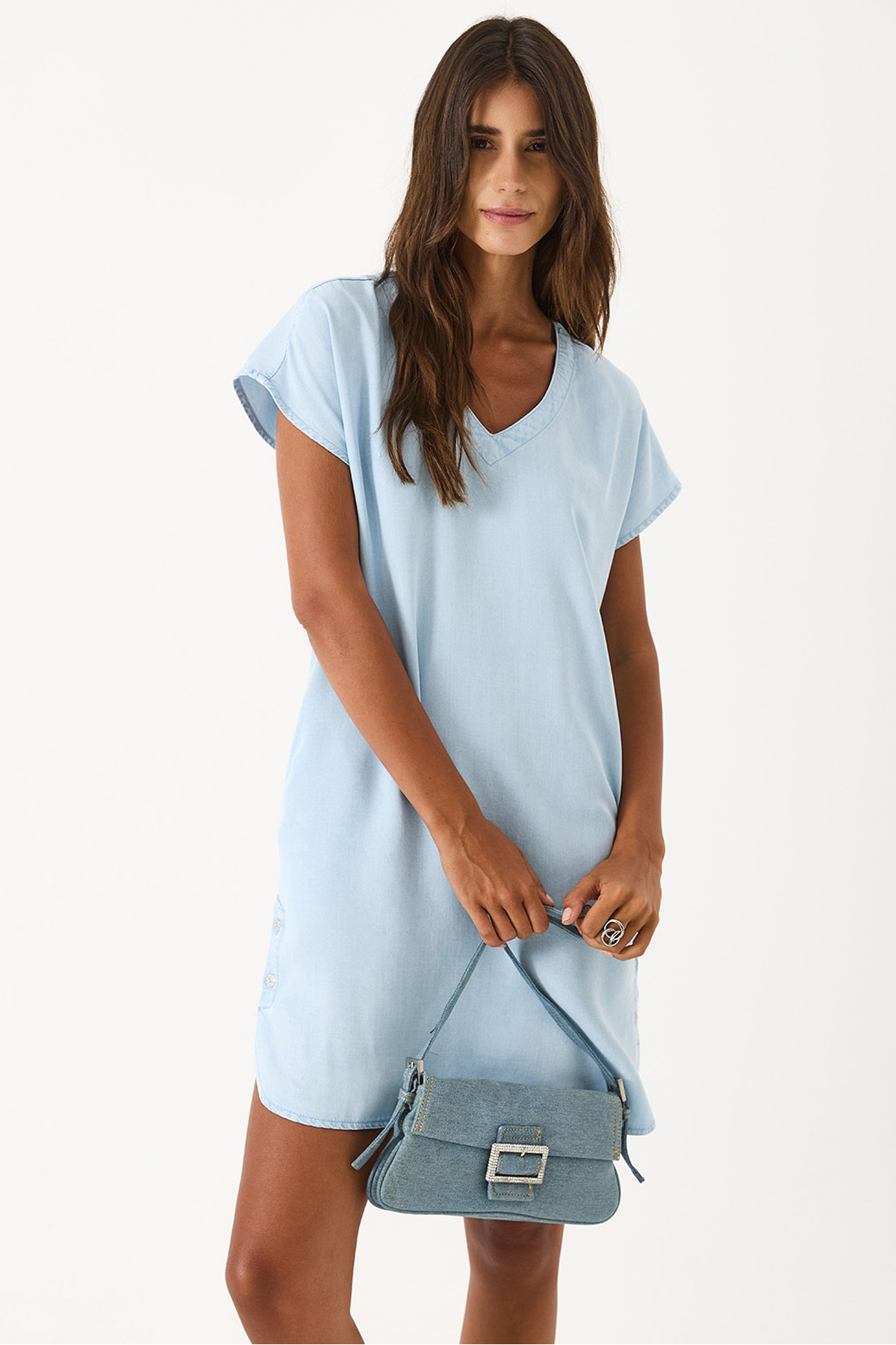 Helly Sky Blue V Yaka Kısa Kollu Jean Elbise(Tencel)(TM) - SKY BLUE