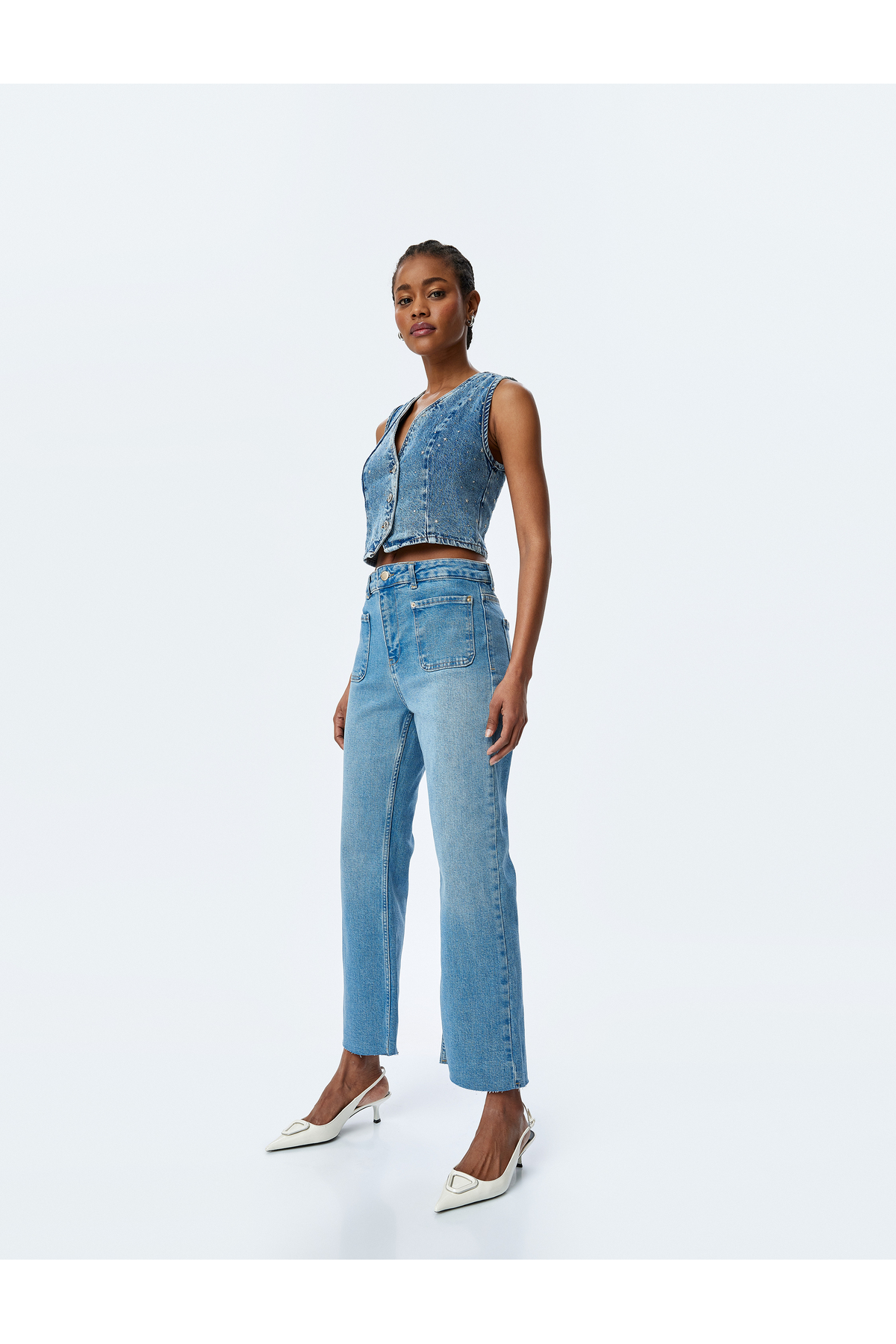 İspanyol Paça Düğmeli Normal Bel Denim Pantolon - Kick Flare Jeans